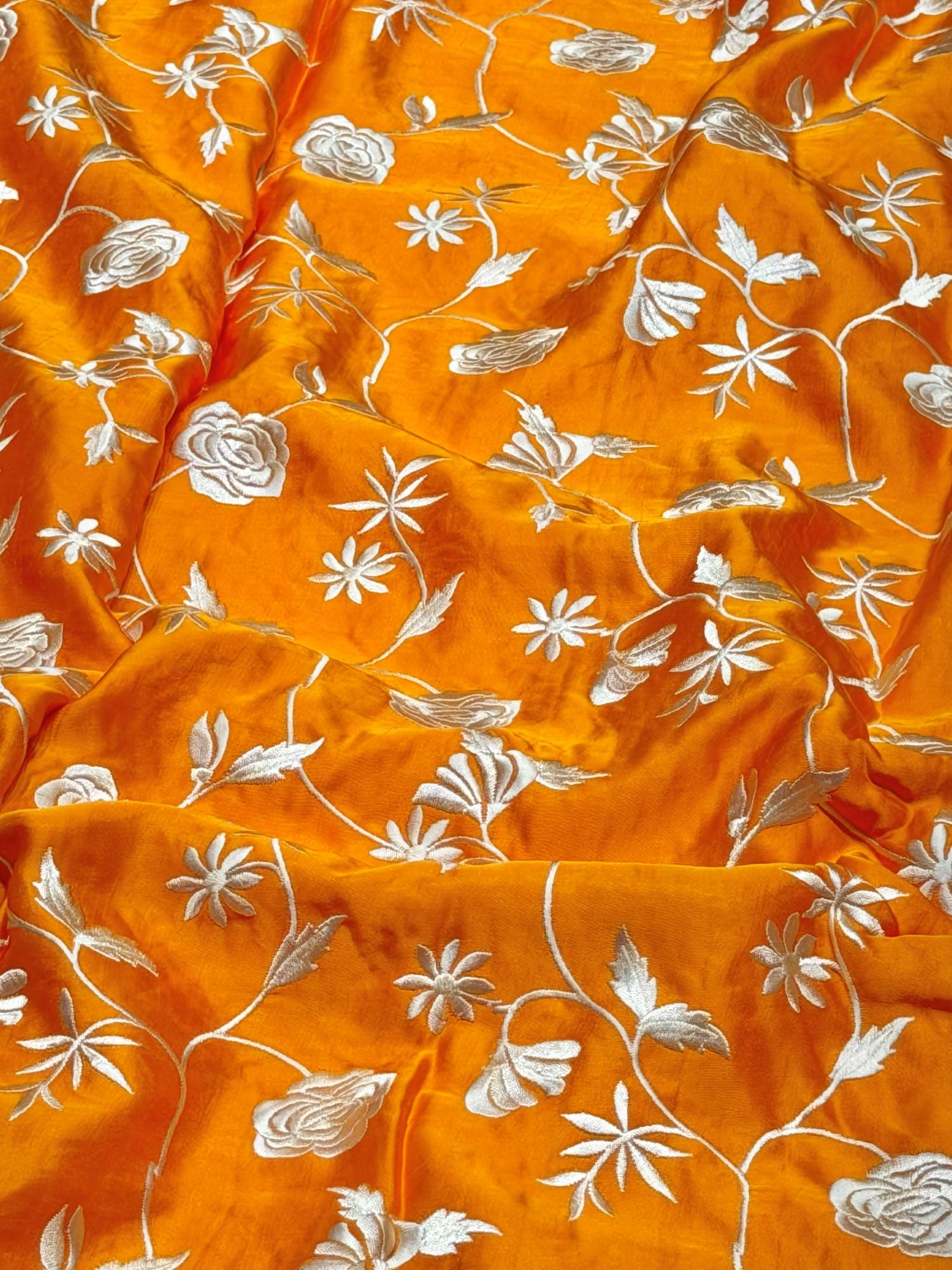Orange Muslin Fabric With Parsi Embroidery