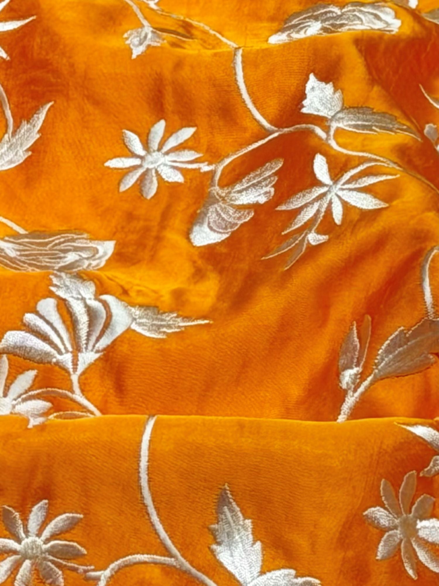 Orange Muslin Fabric With Parsi Embroidery