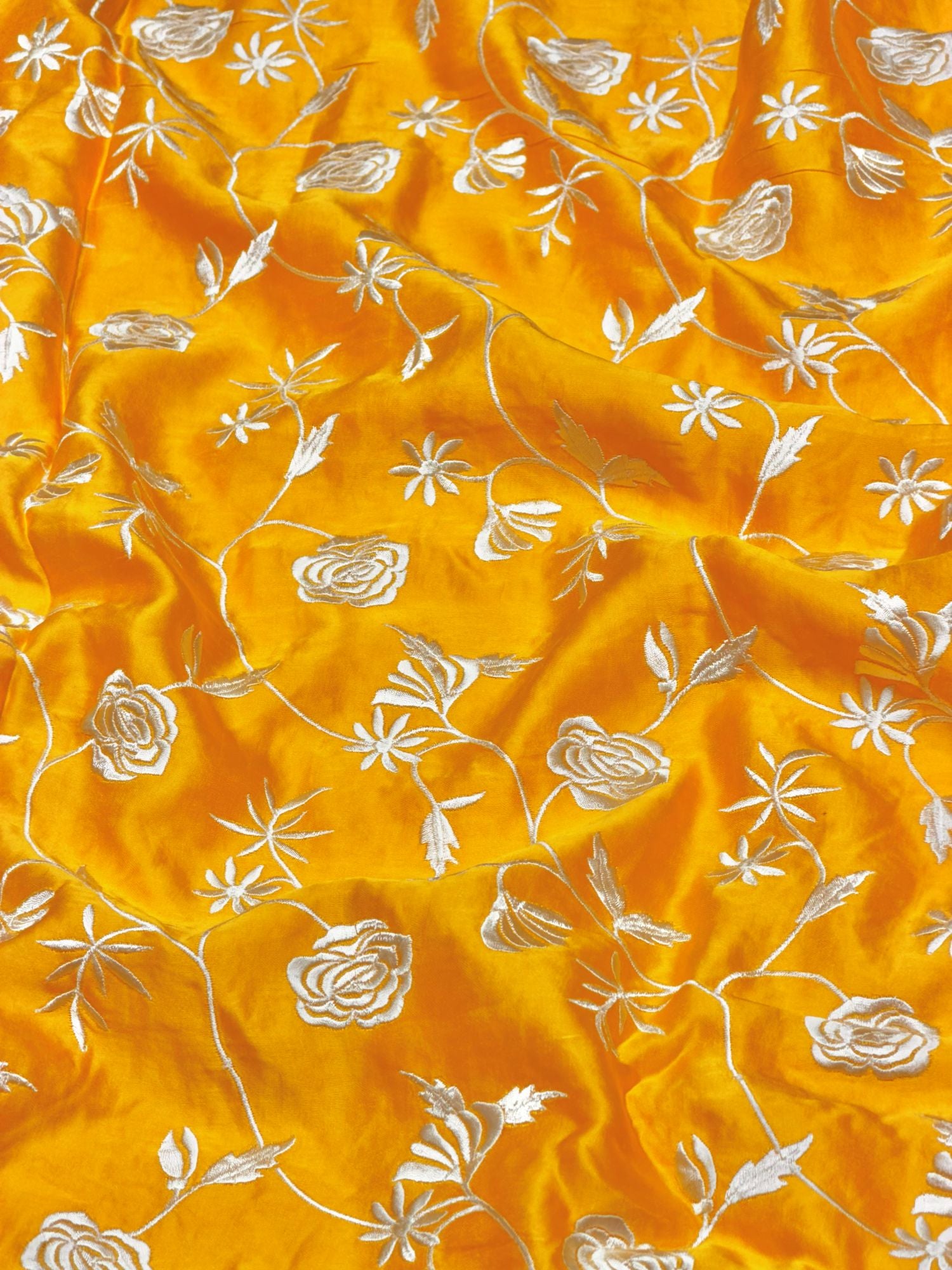 Mustard Yellow Muslin Fabric With Parsi Embroidery