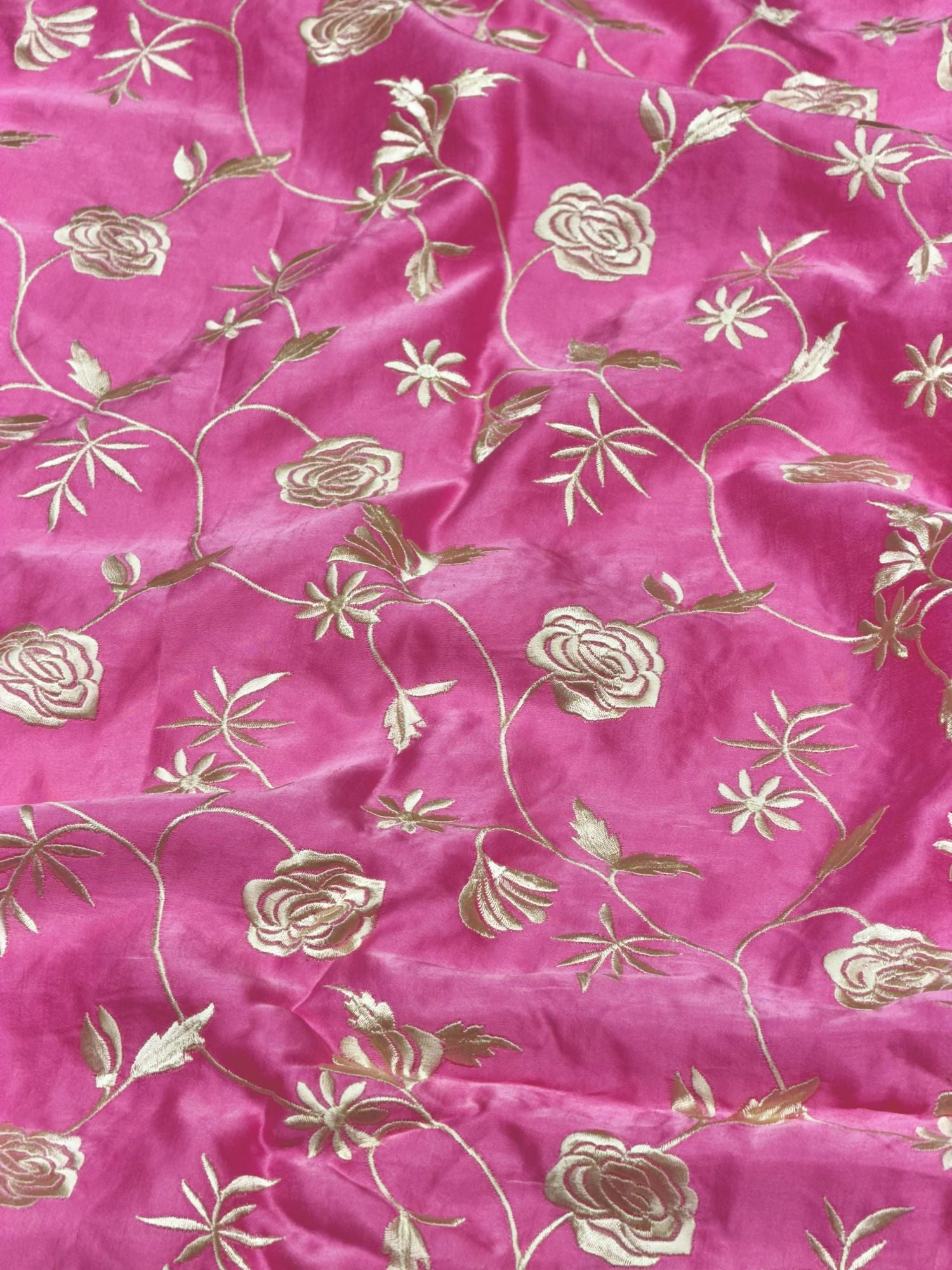 Magenta Pink Muslin Fabric With Parsi Embroidery