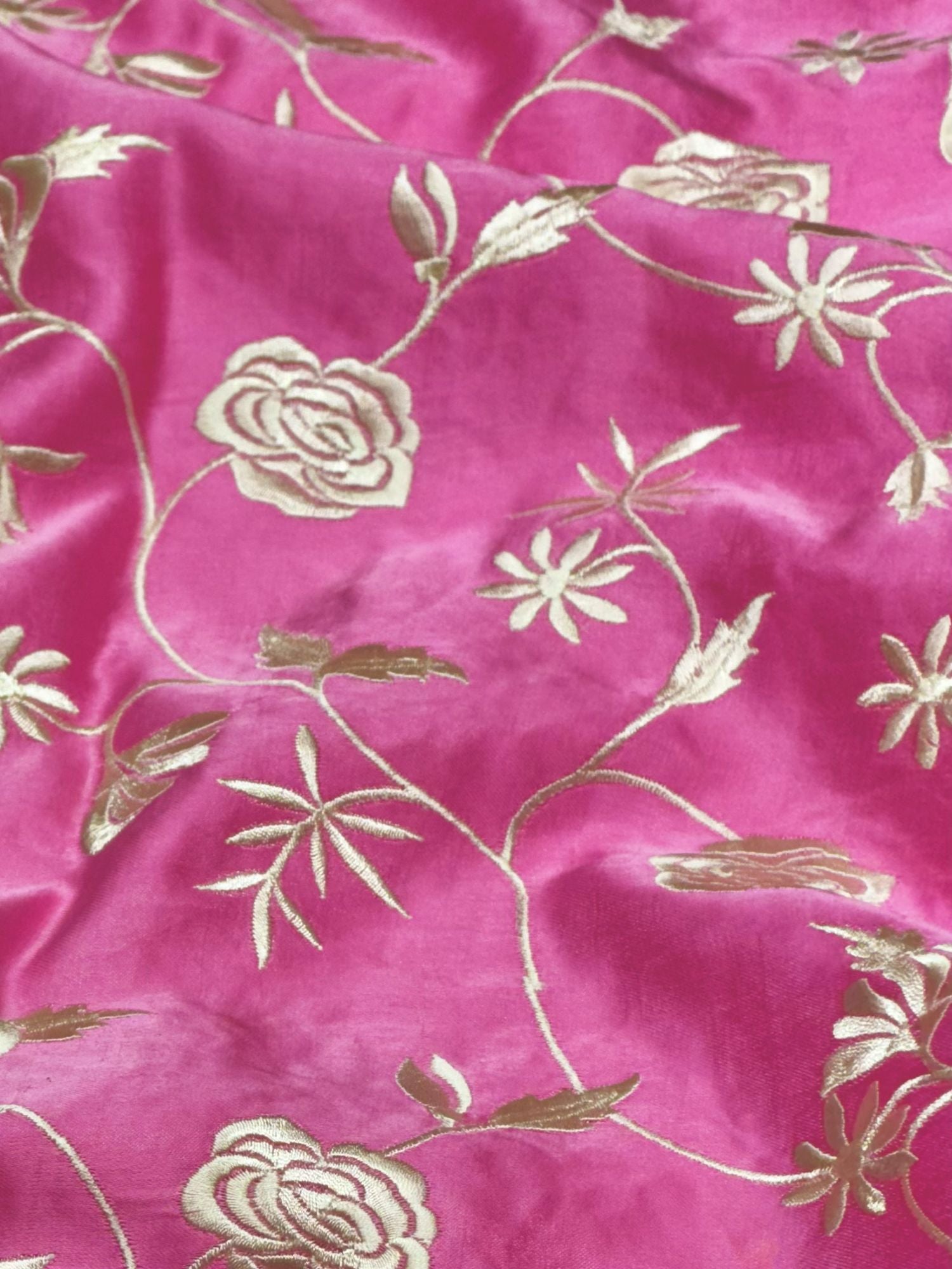 Magenta Pink Muslin Fabric With Parsi Embroidery