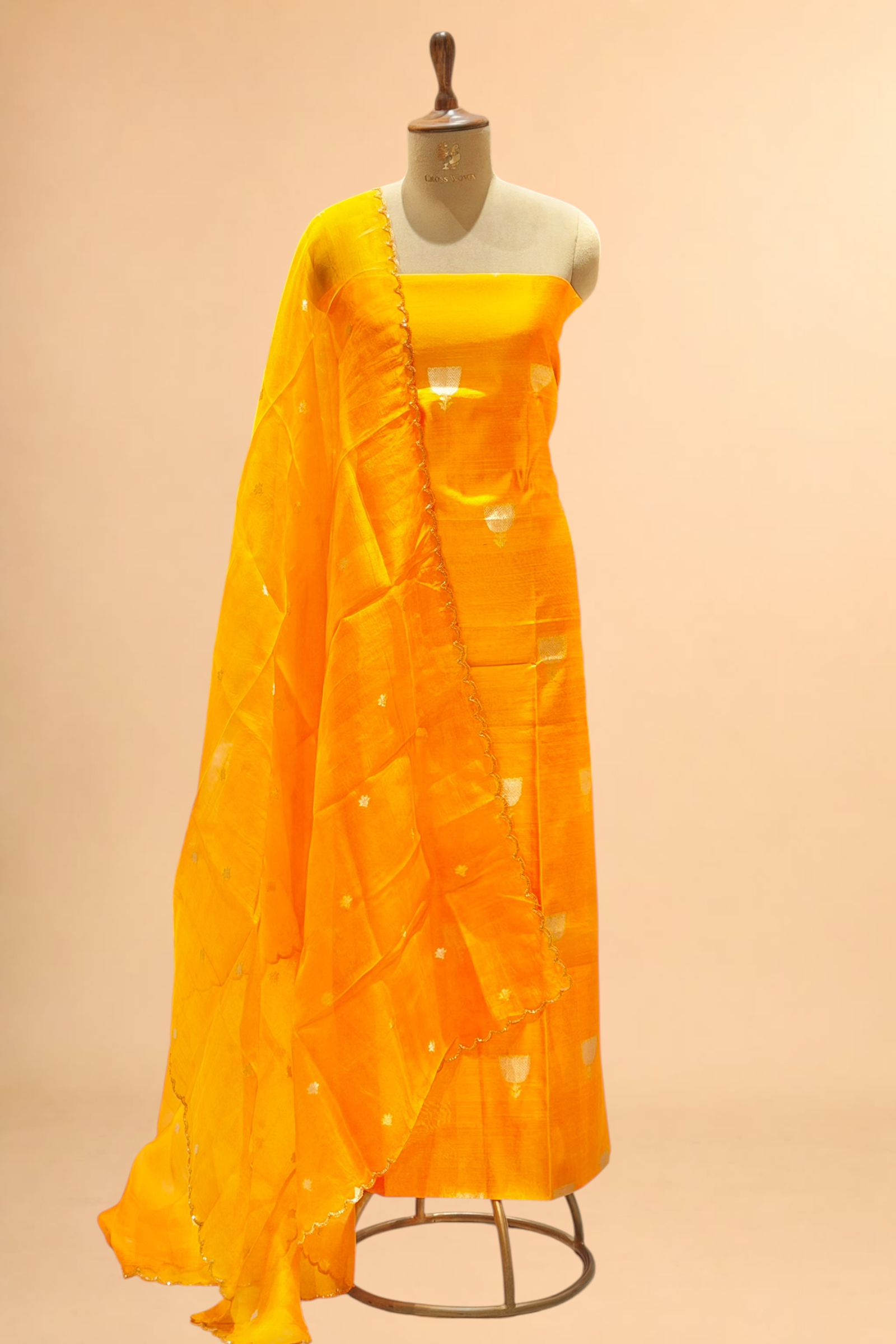 Deep Yellow Chiniya Silk Suit Set With Hand Work Organza Dupatta