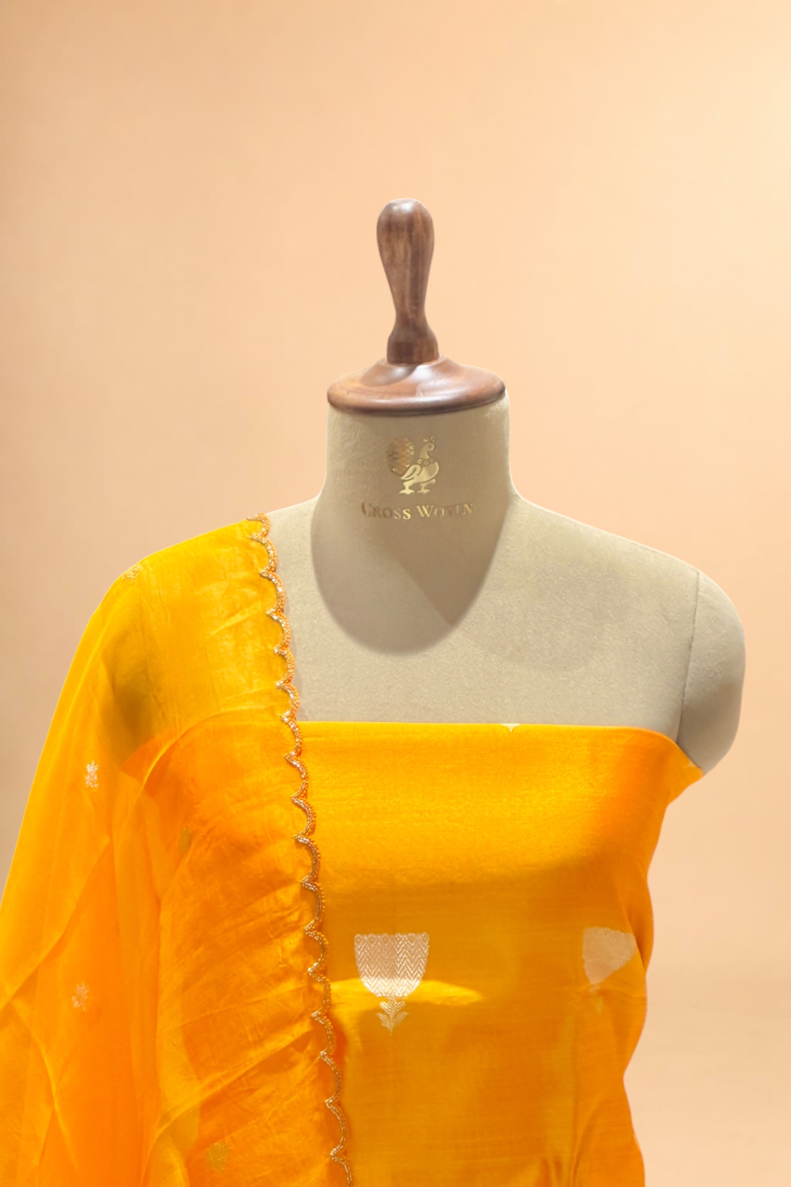 Deep Yellow Chiniya Silk Suit Set With Hand Work Organza Dupatta