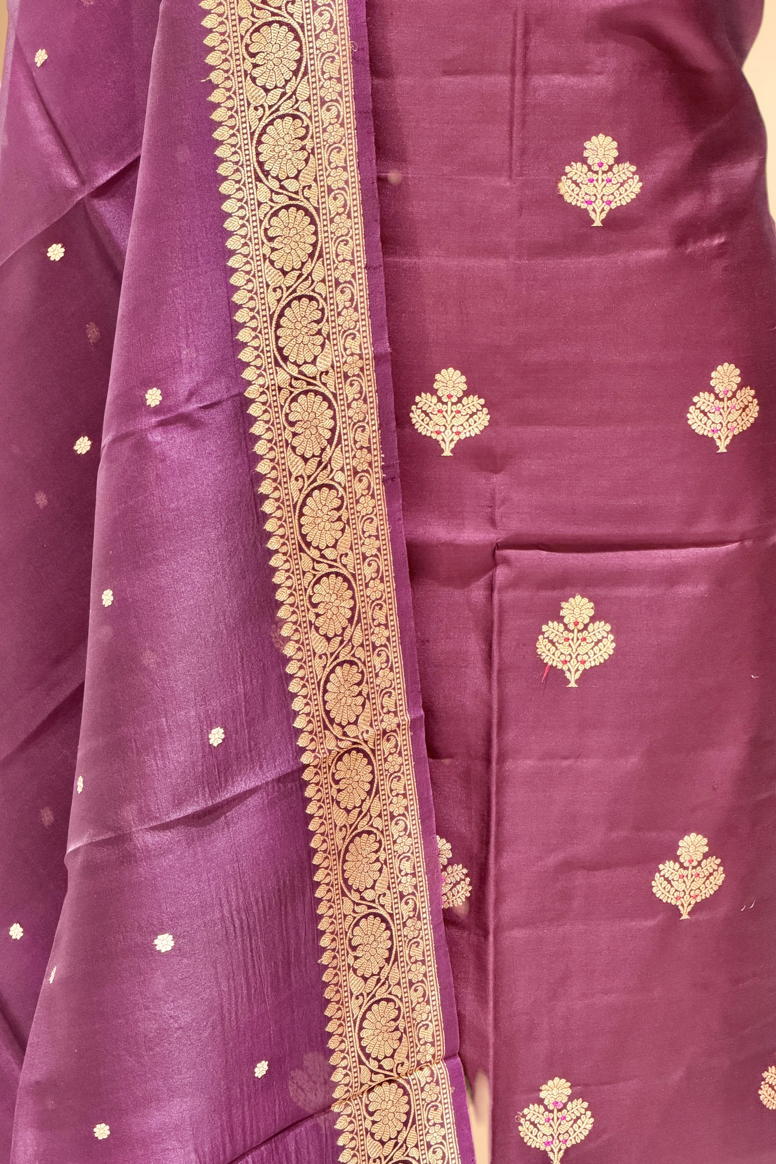 Wine Plum Soft Silk Suit Set With Organza Dupatta