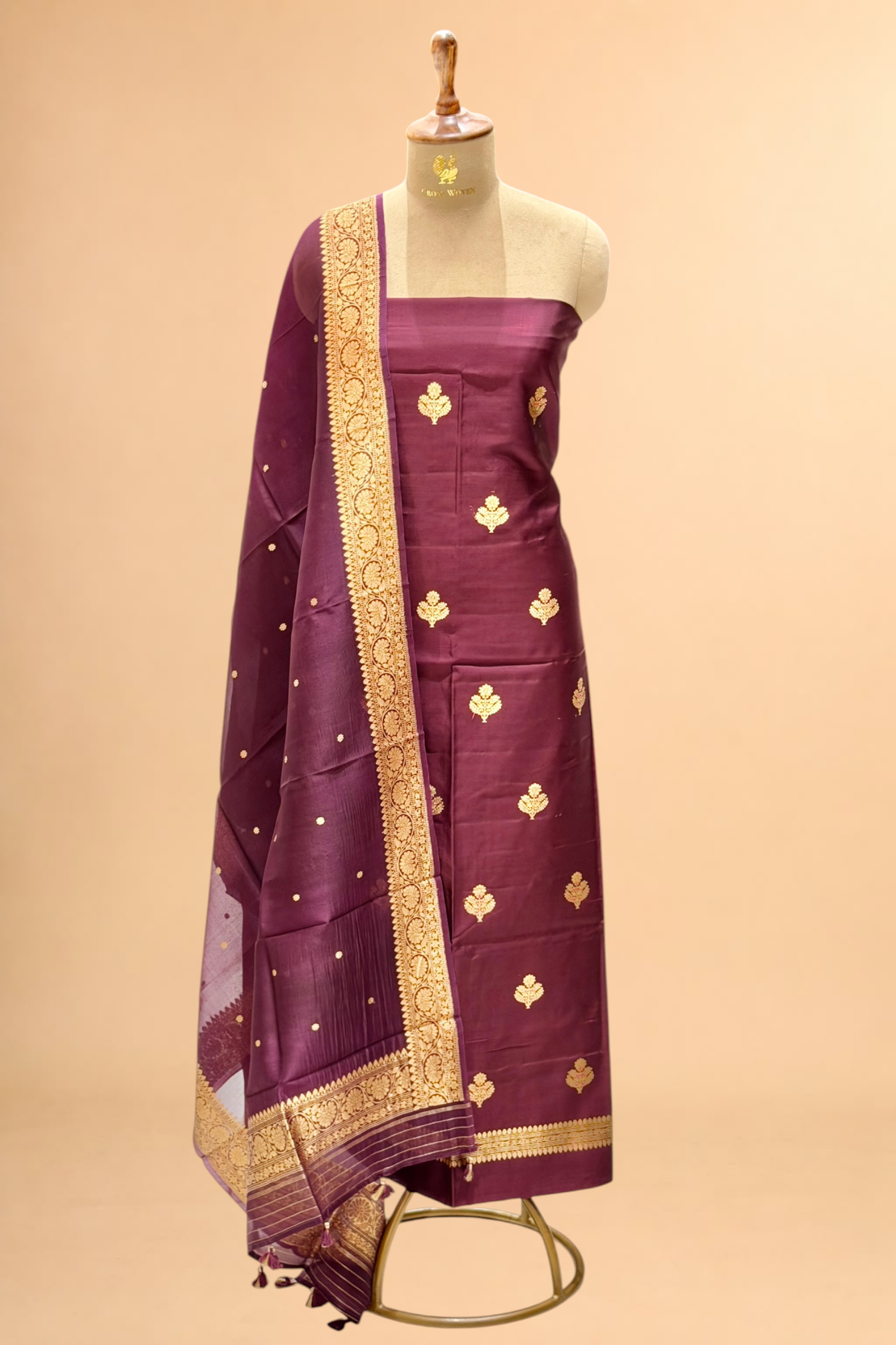 Wine Plum Soft Silk Suit Set With Organza Dupatta