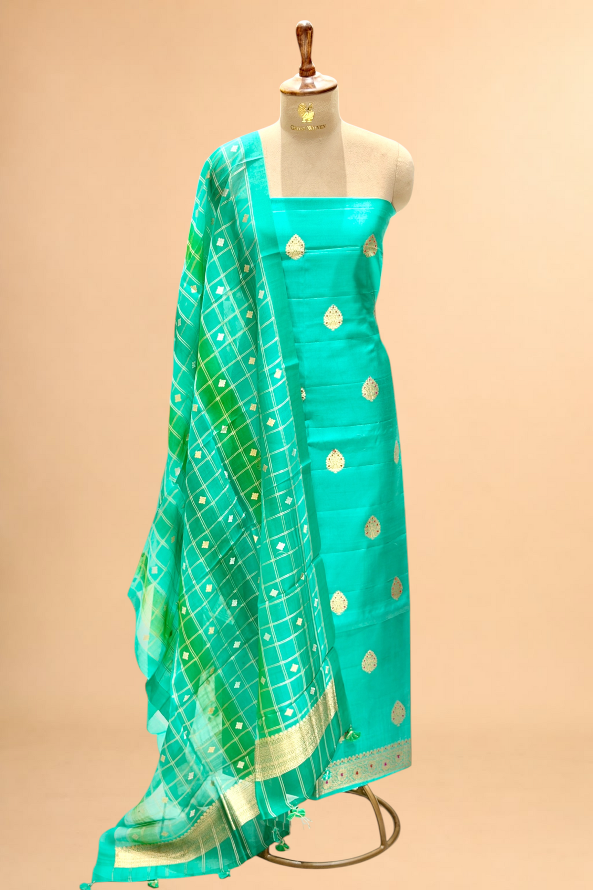Aqua Blue Soft Silk Suit Set With Organza Dupatta