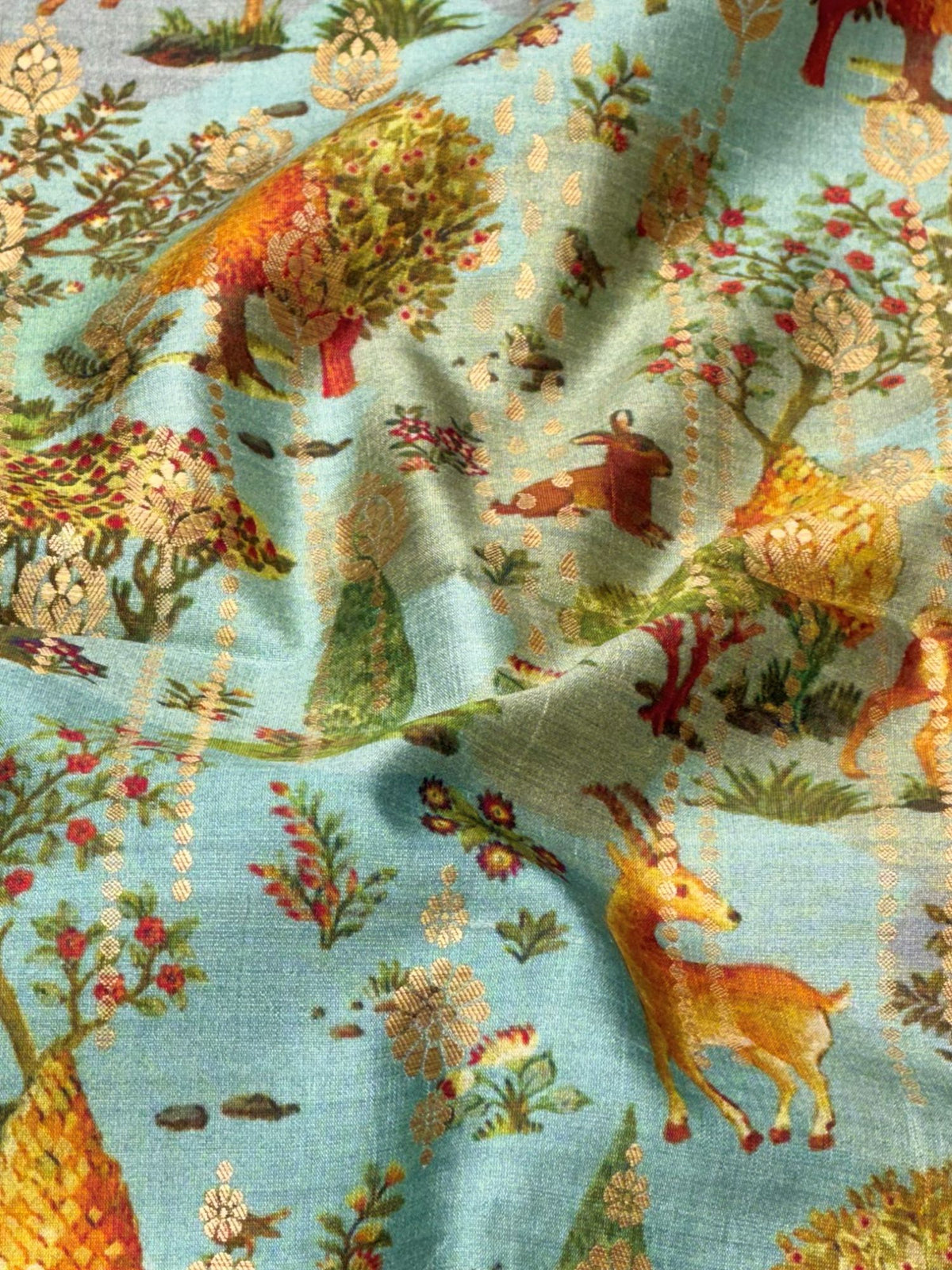 Aqua Blue Pure Soft Silk Fabric With Pichhwai Pattern