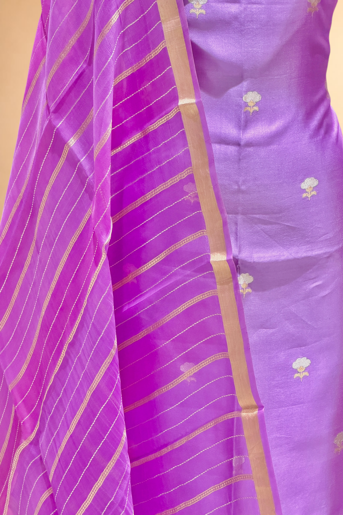 Lavender Purple Soft Silk Suit Set With Organza Dupatta