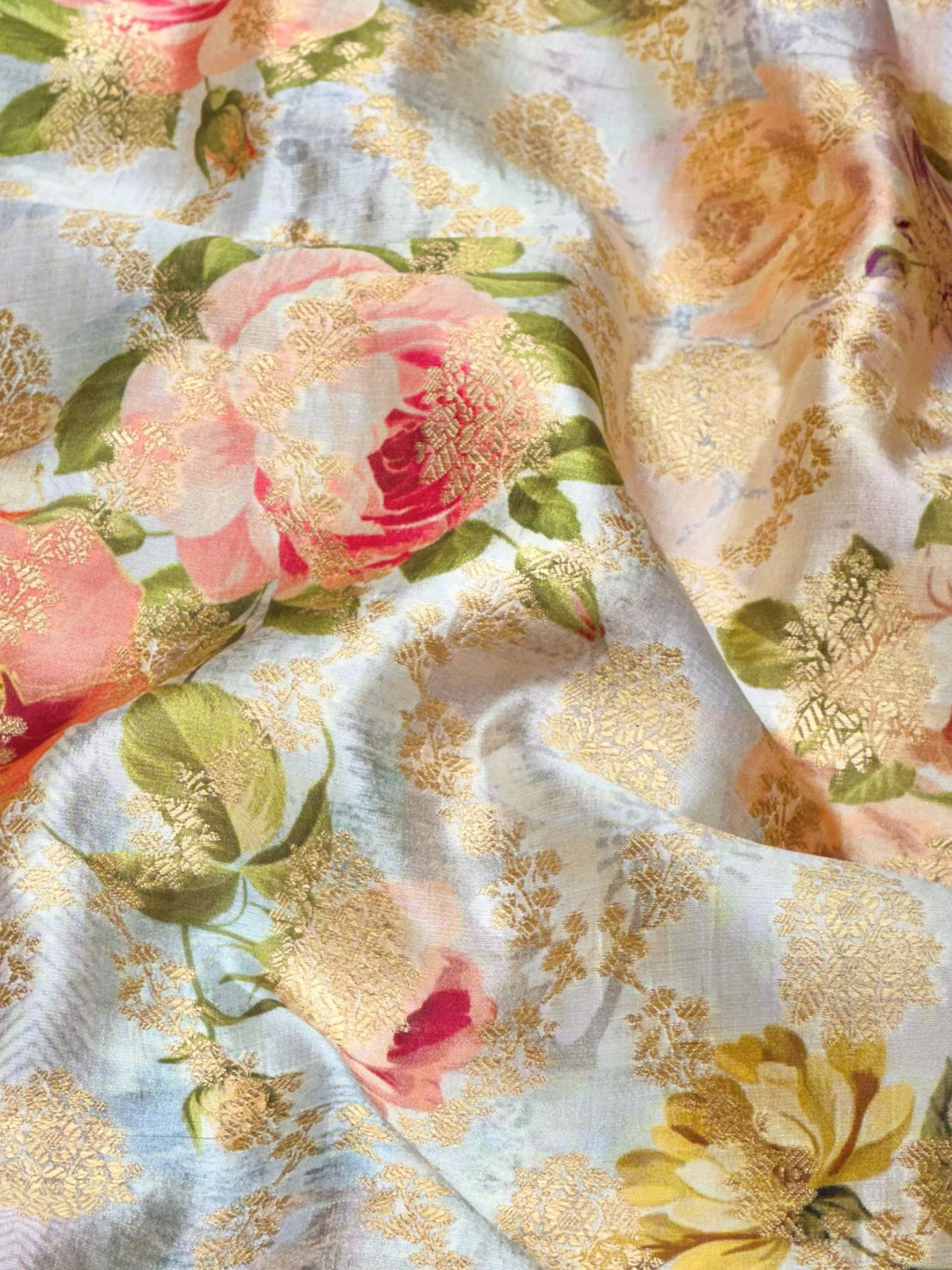 Powder Blue Pure Soft Silk Fabric With Floral Pattern
