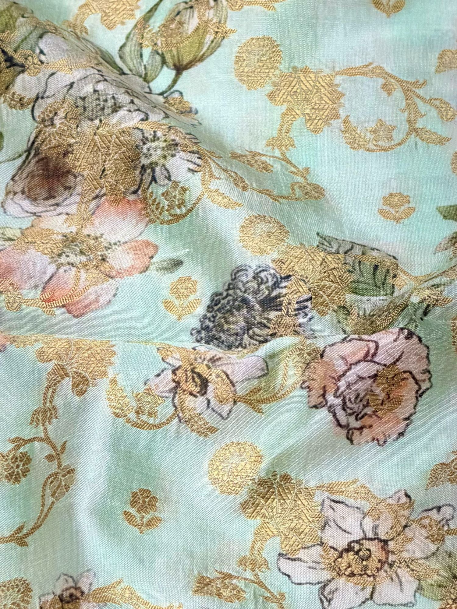 Pastel Mint Pure Soft Silk Fabric With Floral Pattern
