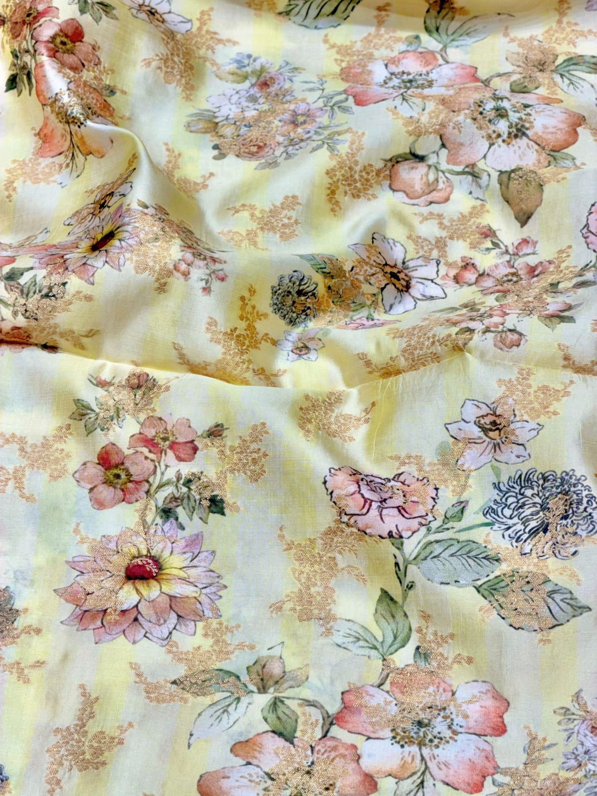 Butter Yellow Pure Soft Silk Fabric With Floral Pattern