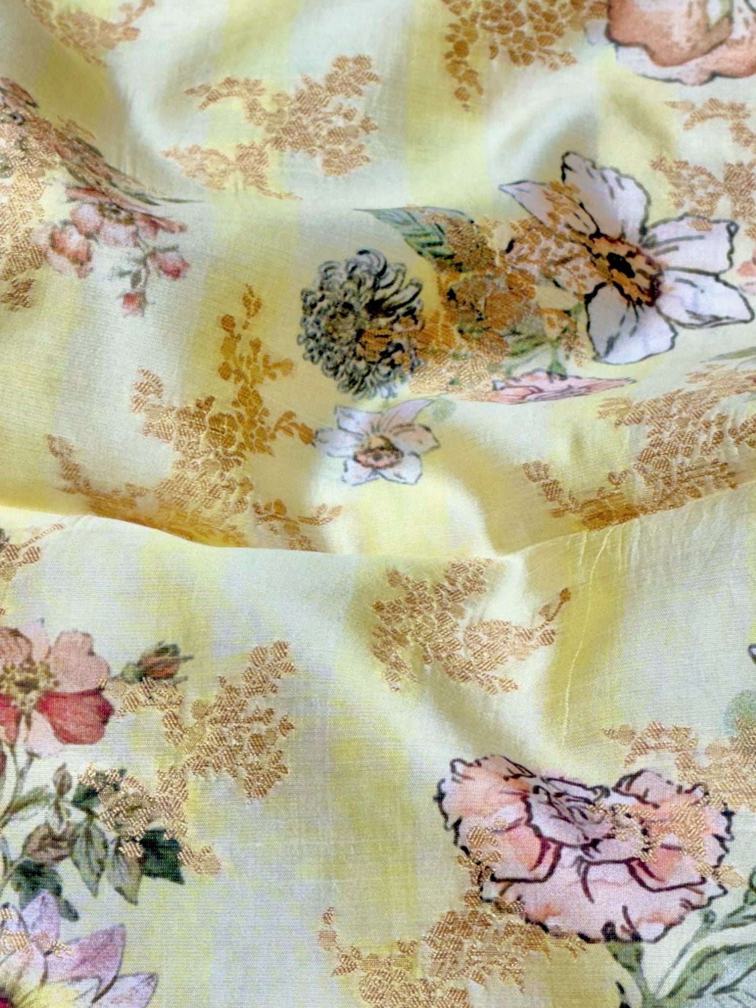 Butter Yellow Pure Soft Silk Fabric With Floral Pattern
