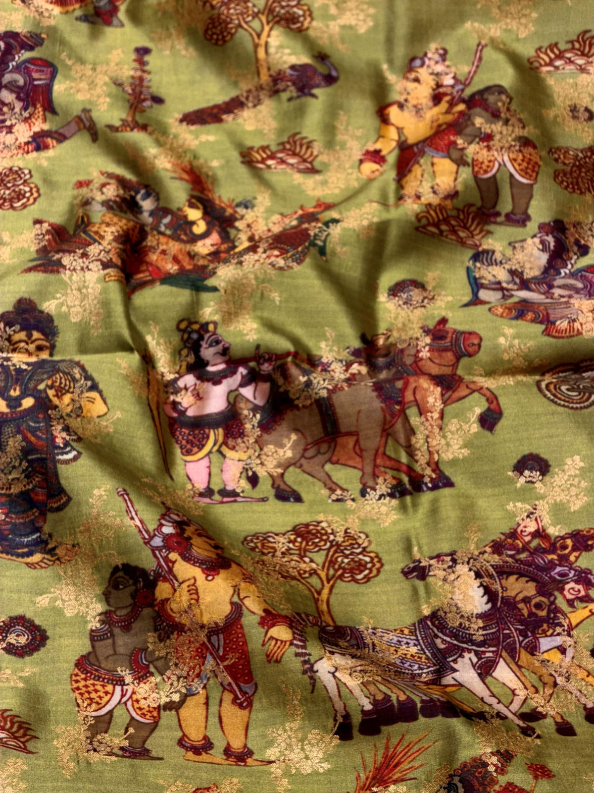Olive Green Pure Soft Silk Fabric With Folk Art Pattern