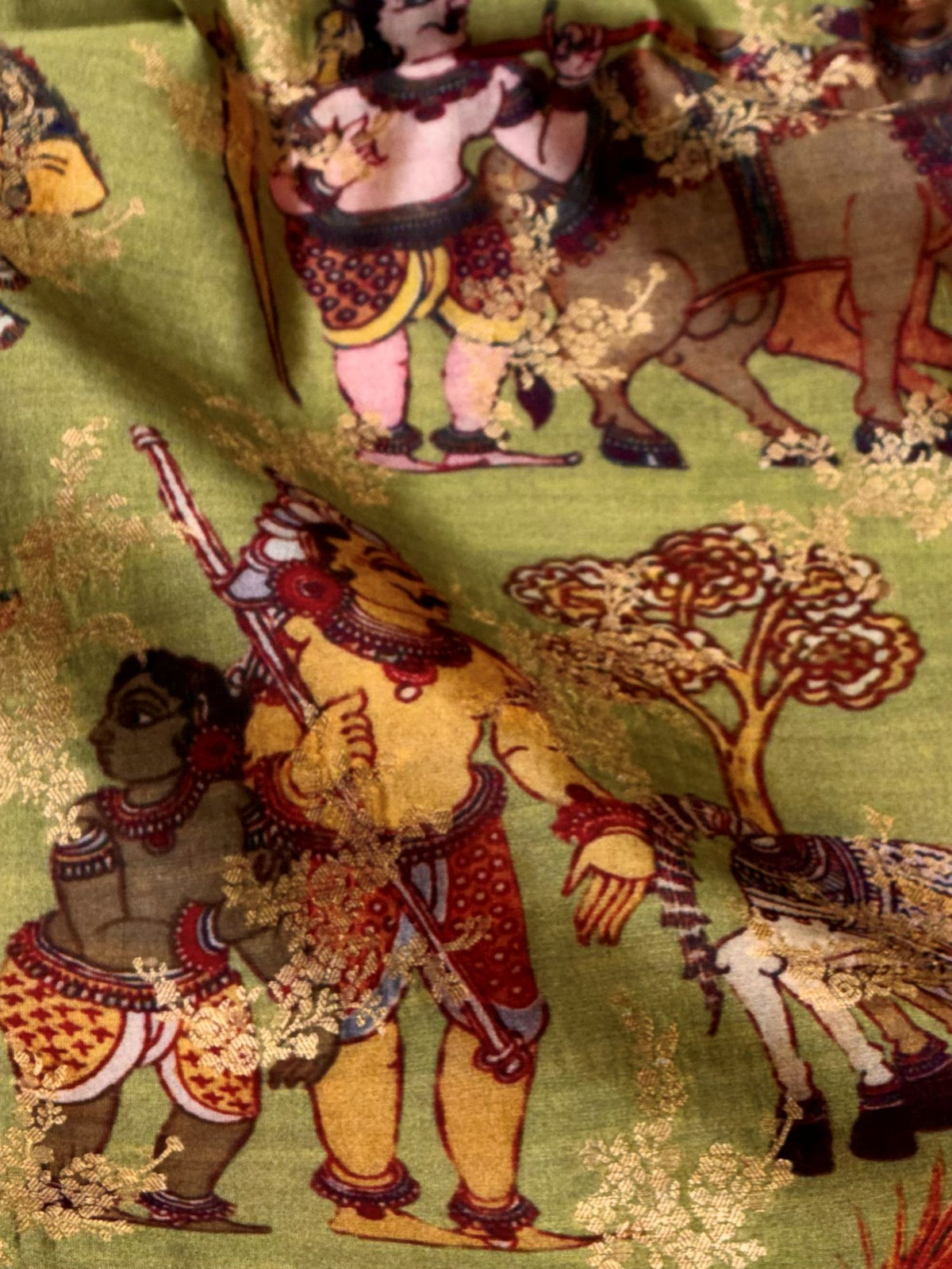 Olive Green Pure Soft Silk Fabric With Folk Art Pattern