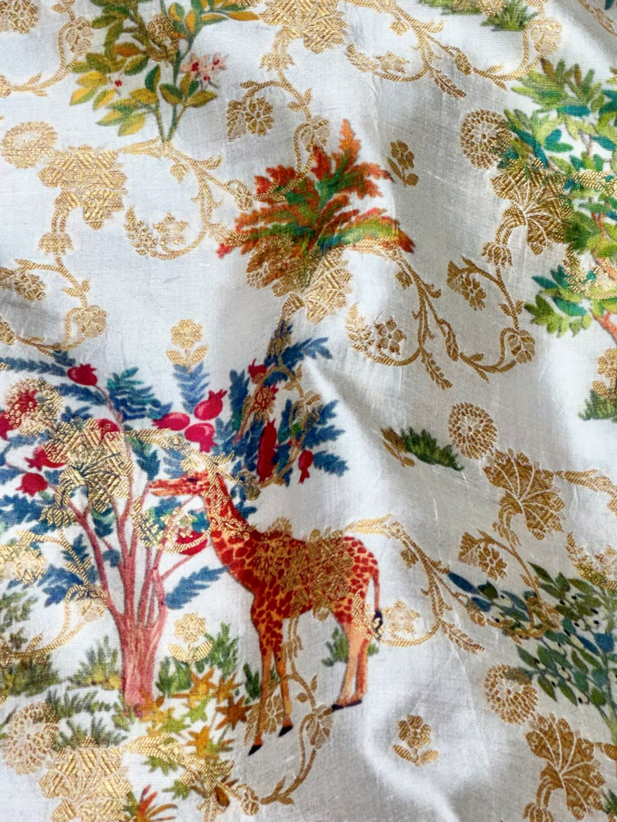 White Pure Soft Silk Fabric With Pichhwai Jungle Pattern
