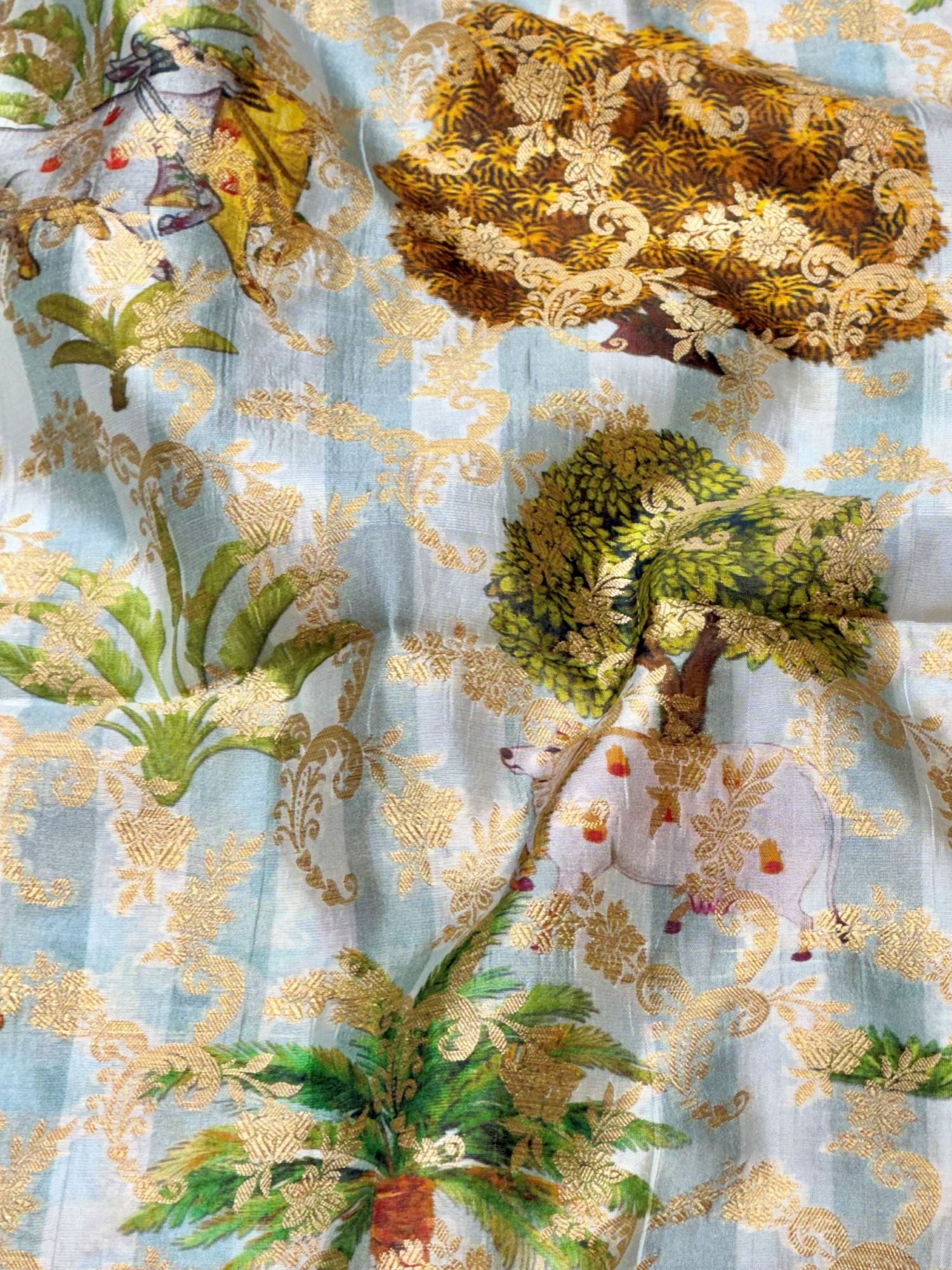 Powder Blue Pure Soft Silk Fabric With Pichhwai Pattern