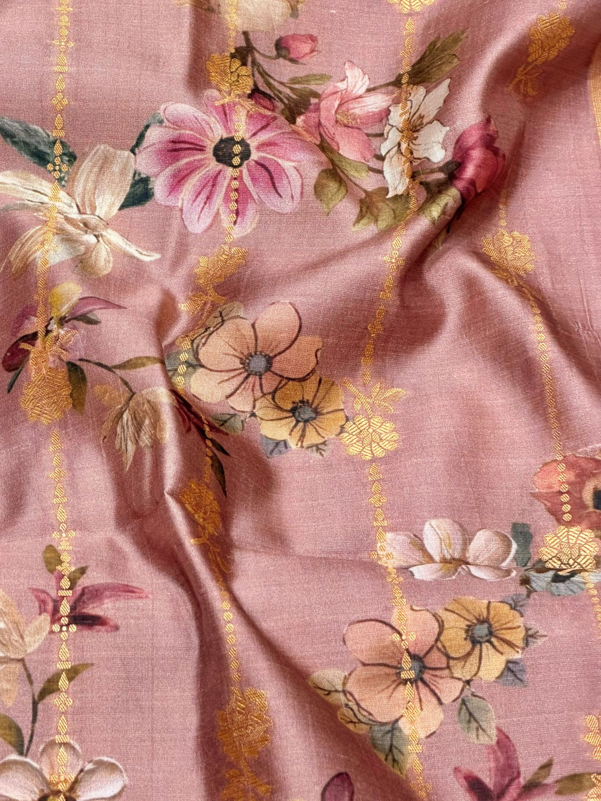 Dusty Rose Pink Pure Soft Silk Fabric With Floral Pattern