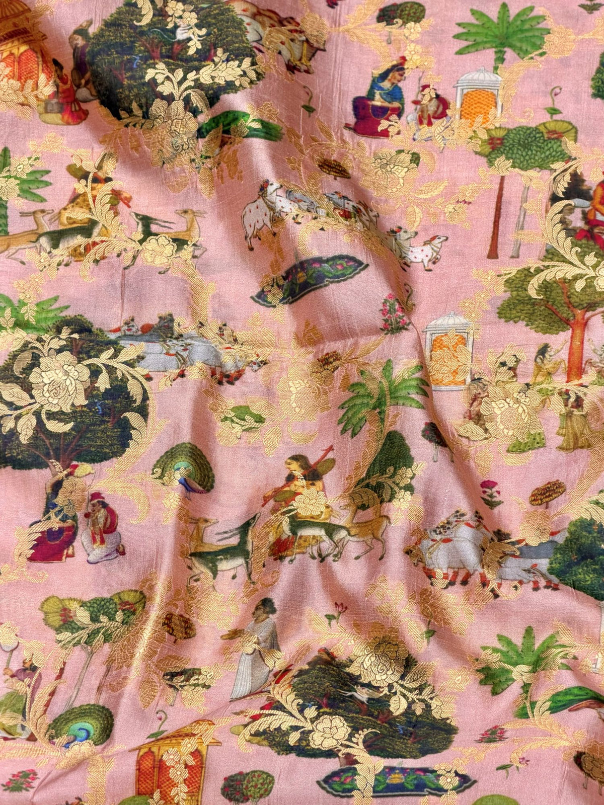 Dusty Blush Pink Pure Soft Silk Fabric With Pichhwai Pattern