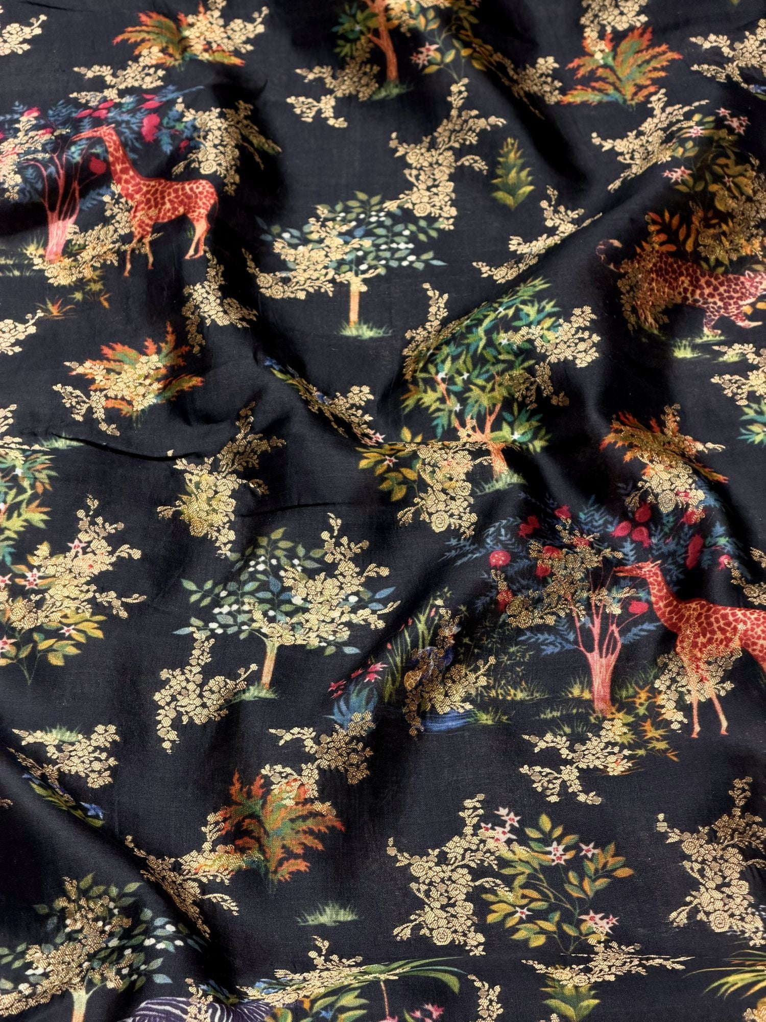 Black Pure Soft Silk Fabric With Pichhwai Jungle Pattern
