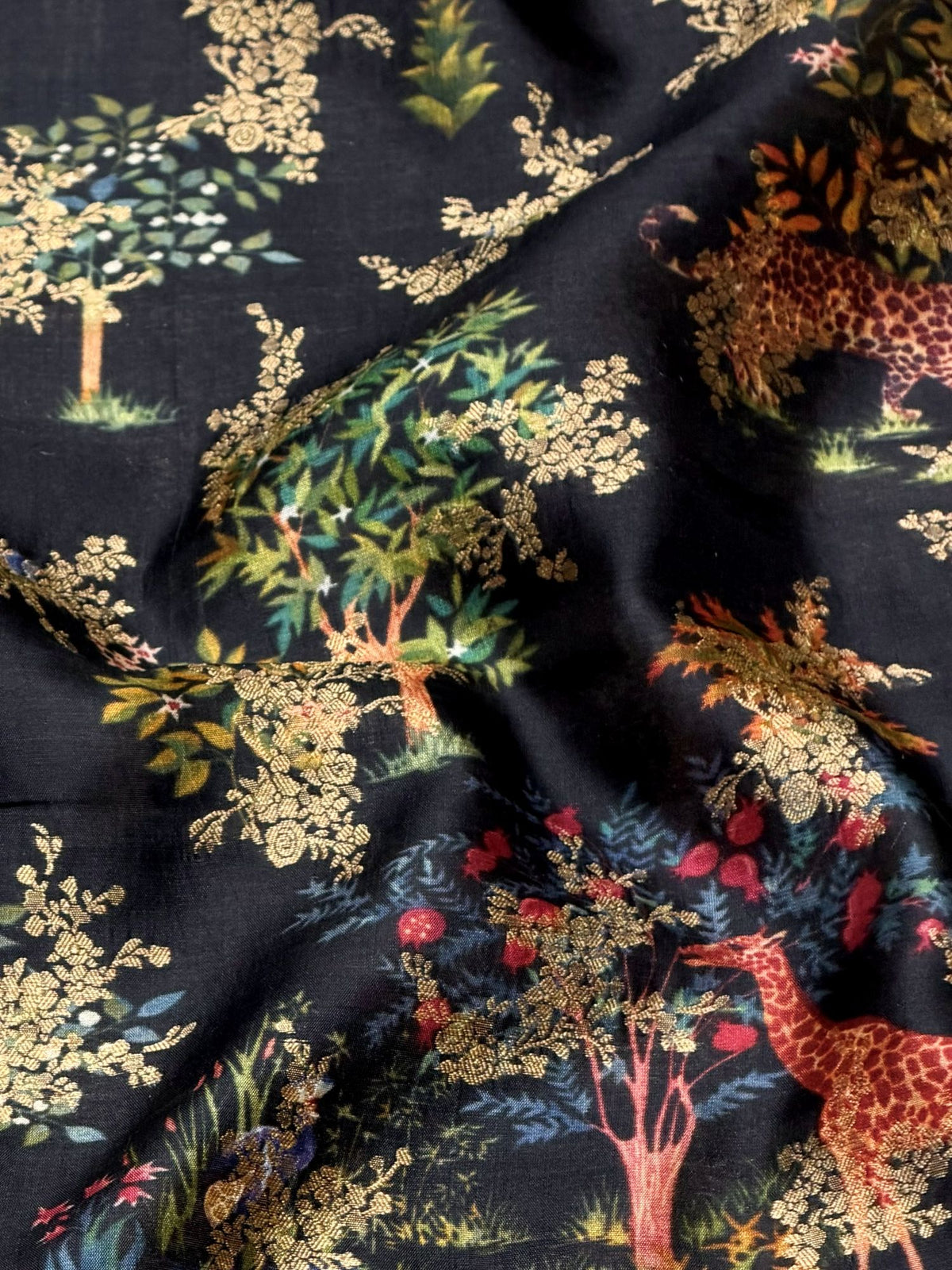 Black Pure Soft Silk Fabric With Pichhwai Jungle Pattern