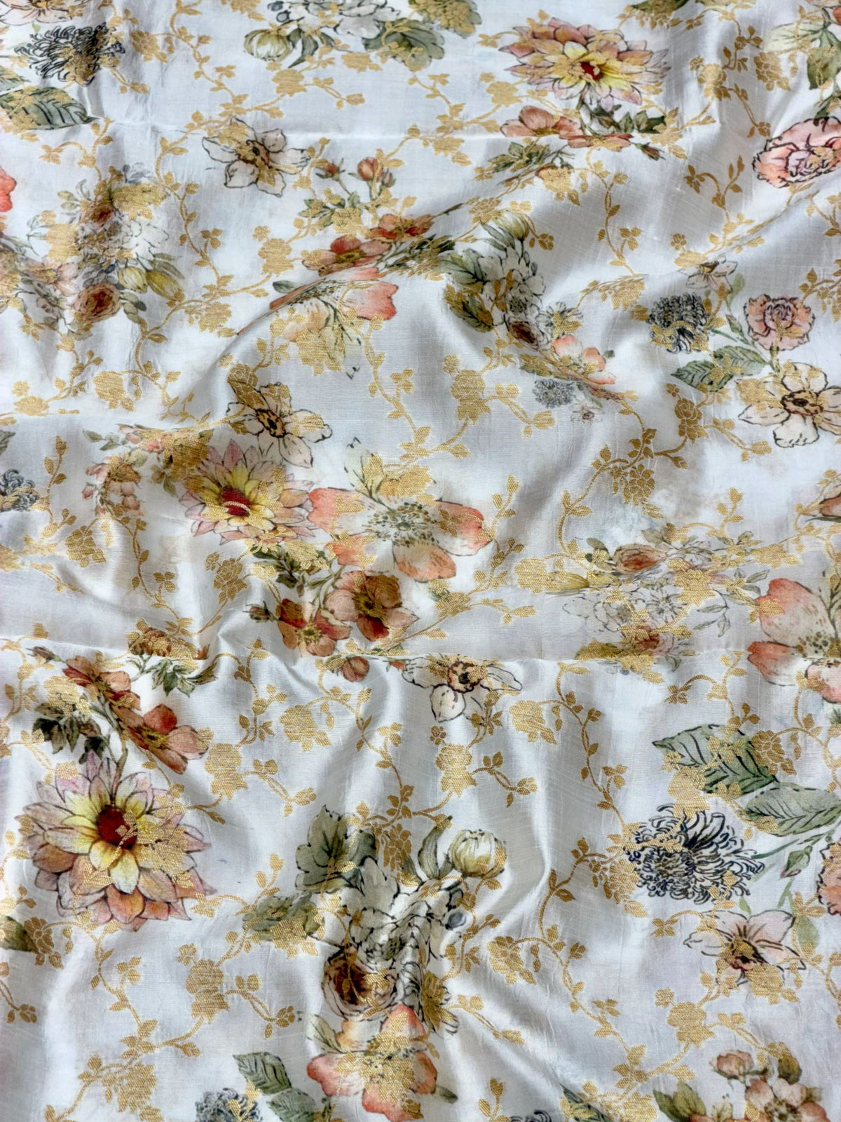 White Pure Soft Silk Fabric With Floral Pattern