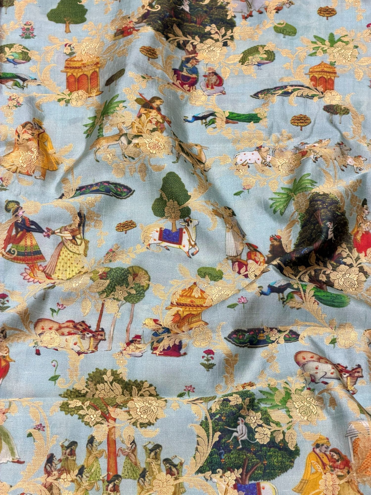Powder Blue Pure Soft Silk Fabric With Pichhwai Pattern