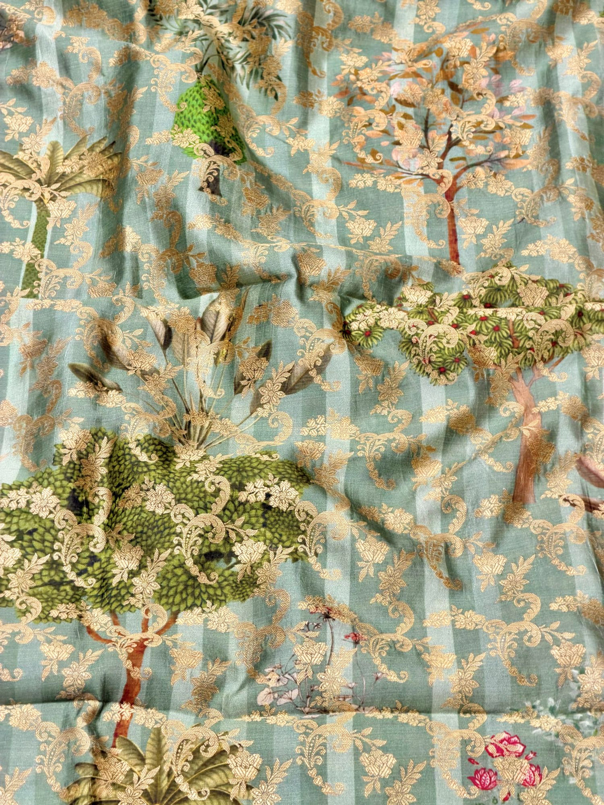 Sea Green Pure Soft Silk Fabric With Jungle Pattern