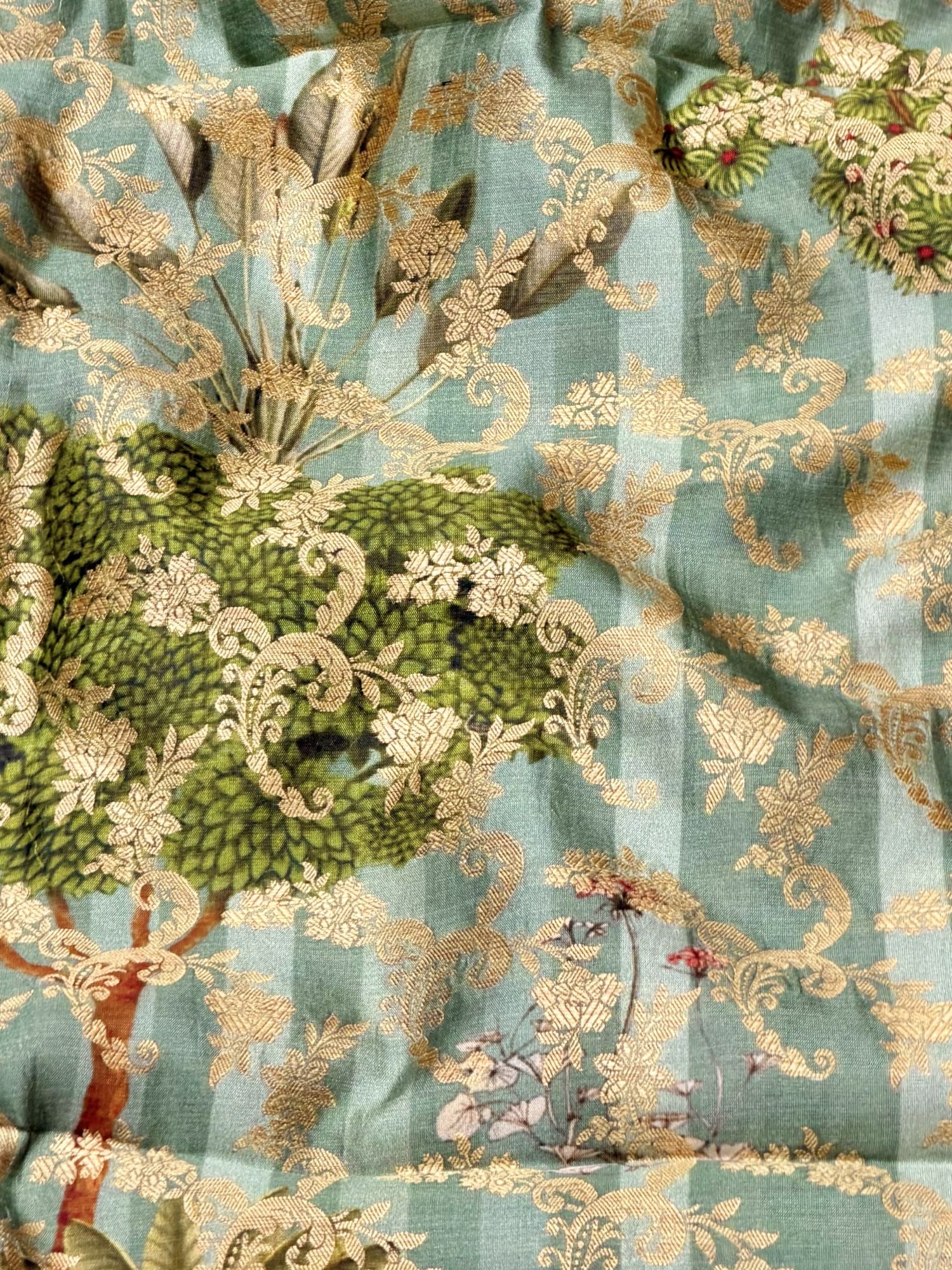 Sea Green Pure Soft Silk Fabric With Jungle Pattern