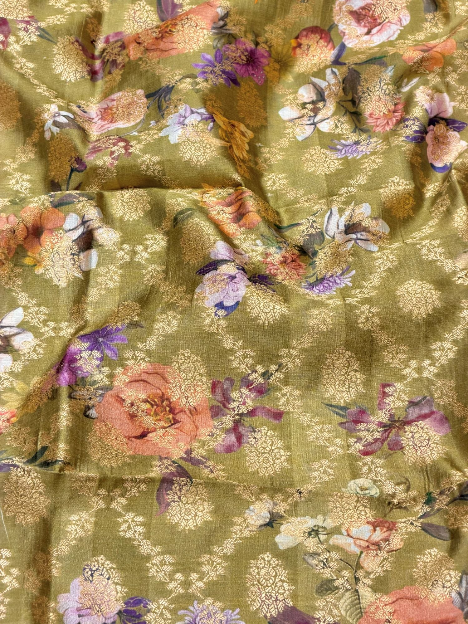 Olive Pastel Pure Soft Silk Fabric With Floral Pattern