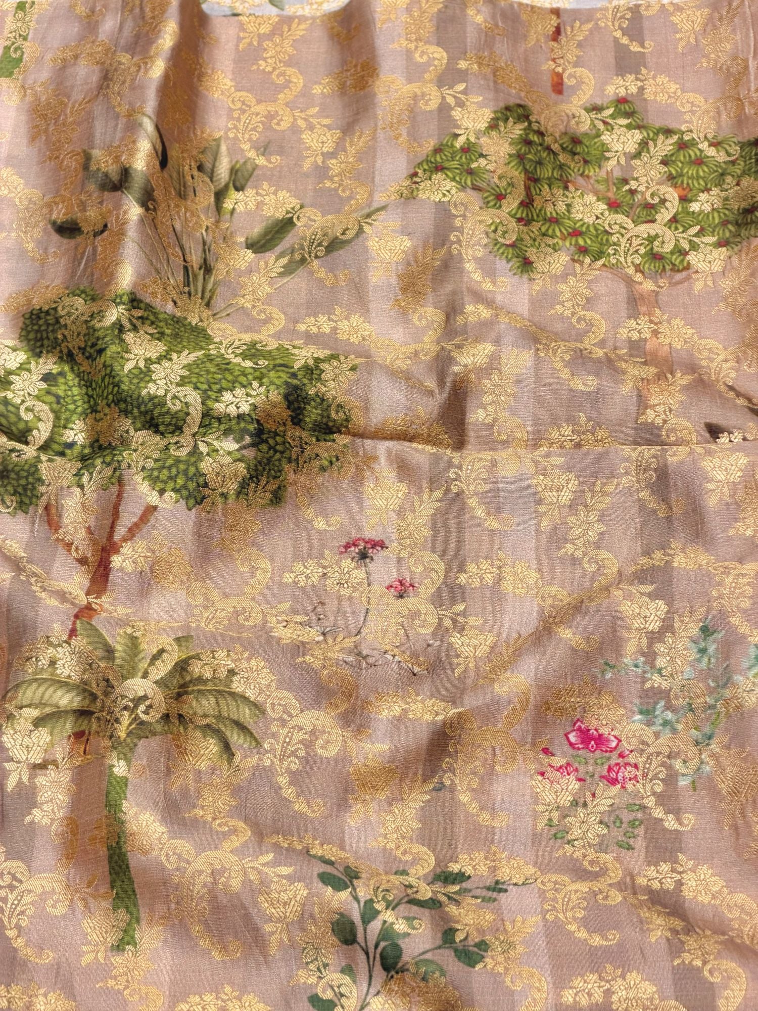 Dusty Pink Pure Soft Silk Fabric With Jungle Pattern
