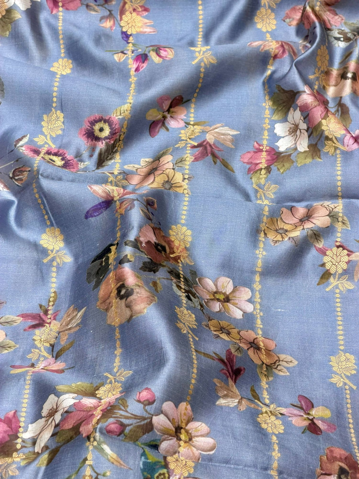 Dusty Blue Pure Soft Silk Fabric With Floral Pattern