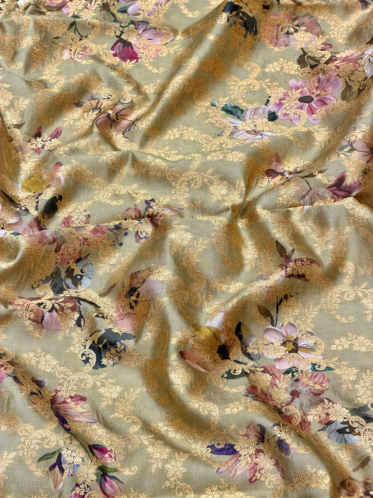 Dusty Olive Pure Soft Silk Fabric With Floral Pattern