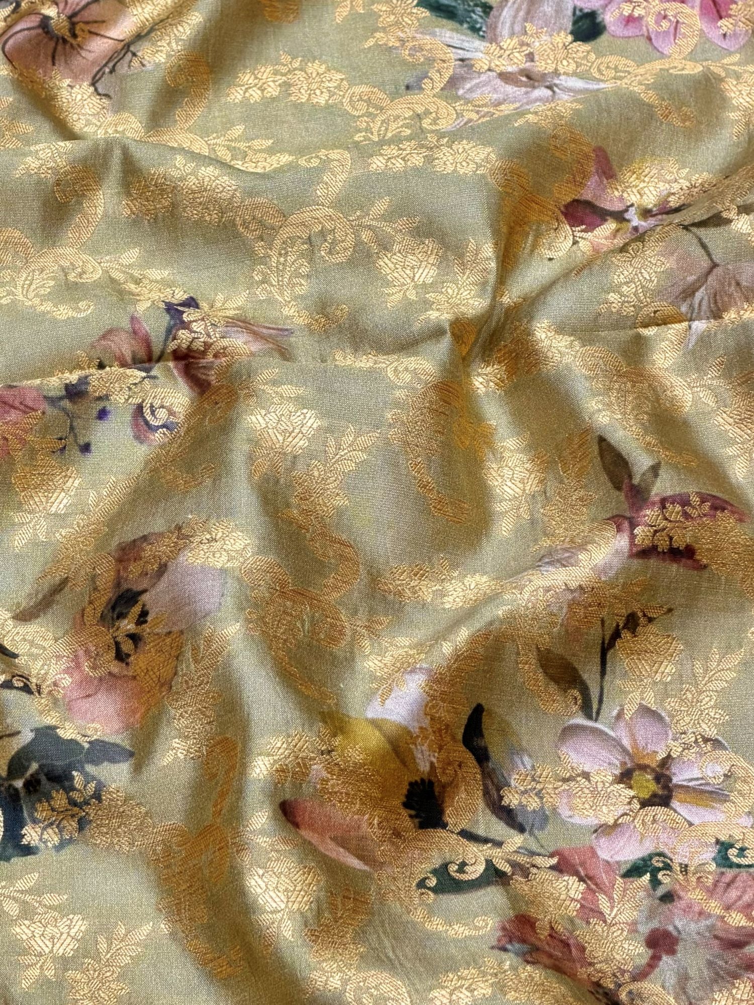 Dusty Olive Pure Soft Silk Fabric With Floral Pattern