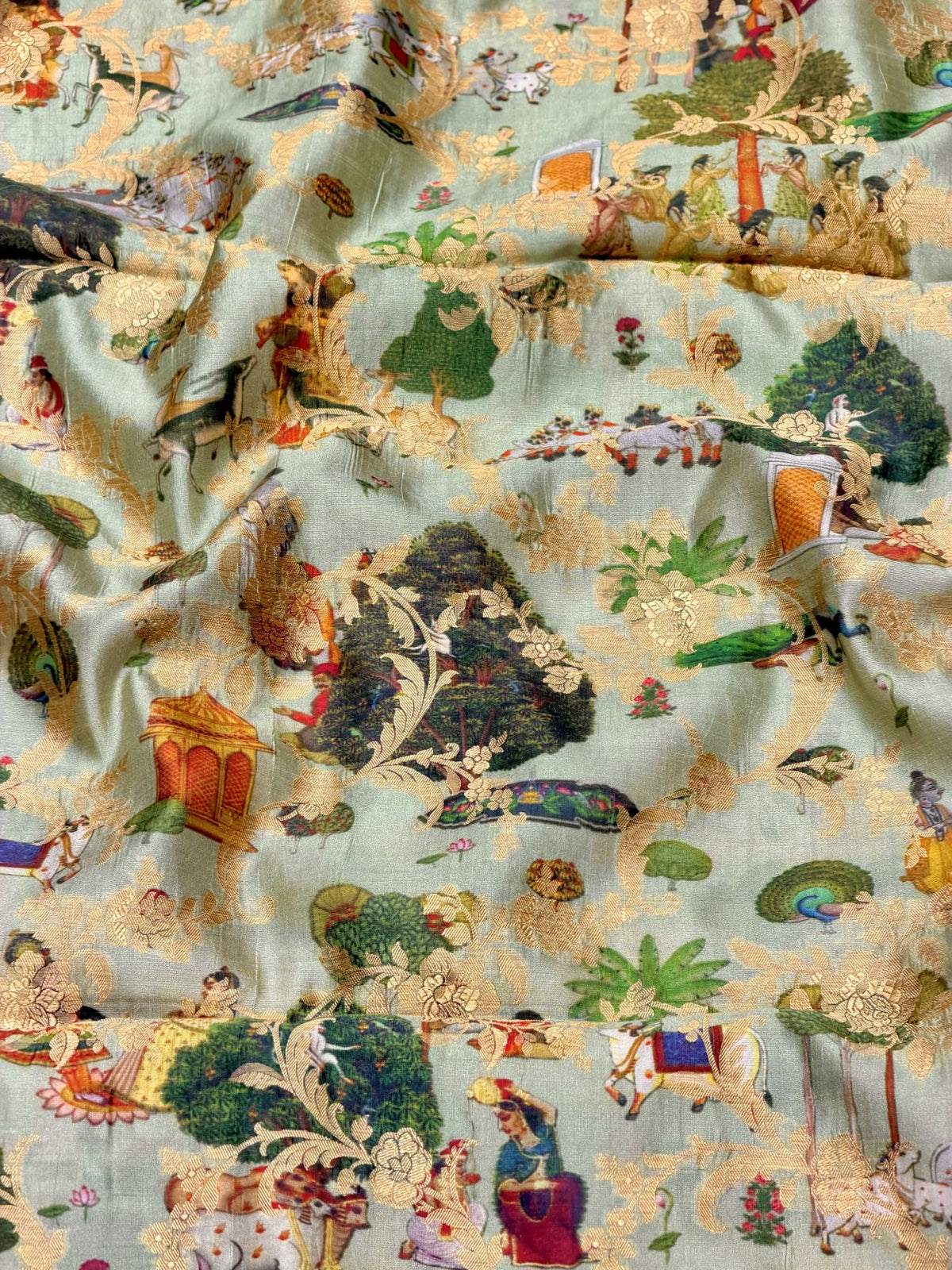 Aqua Green  Pure Soft Silk Fabric With Pichhwai Pattern