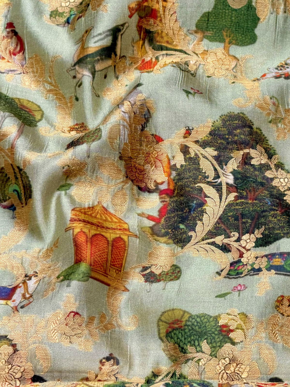 Aqua Green  Pure Soft Silk Fabric With Pichhwai Pattern