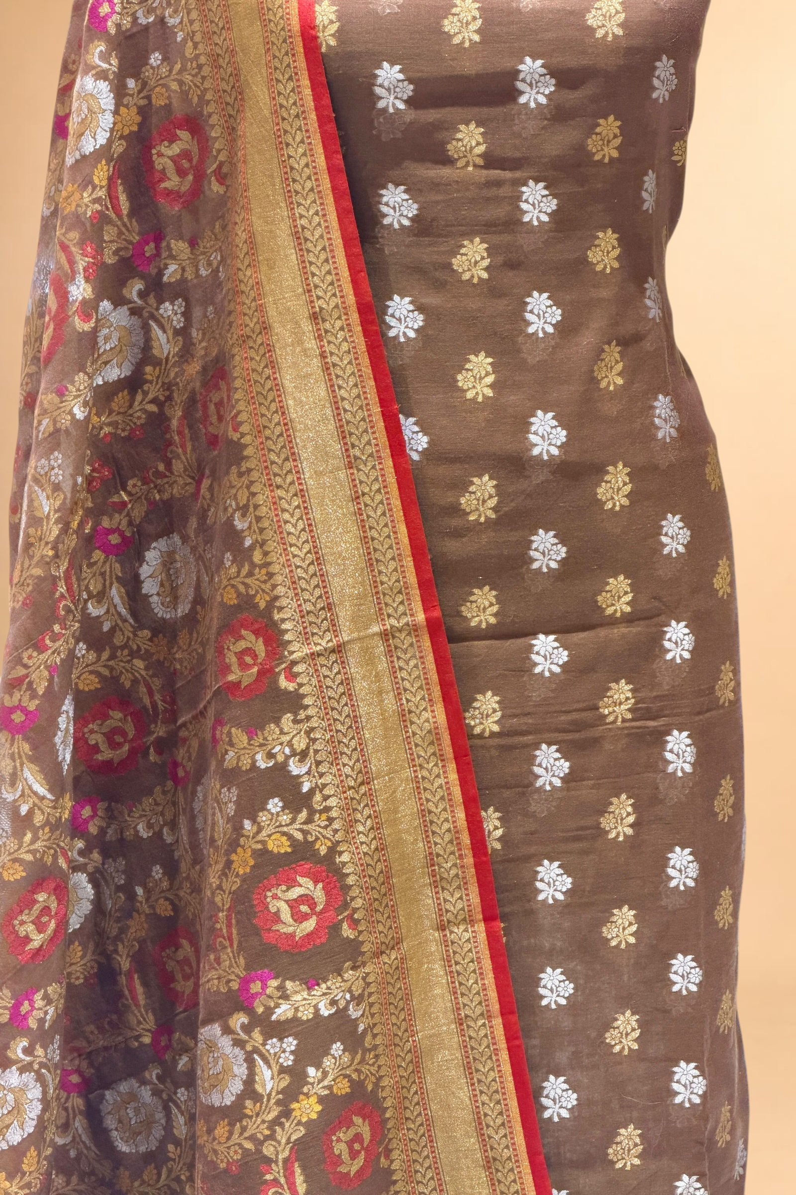 Mocha Brown Pure Cotton Iktara Jamdani Suit Set