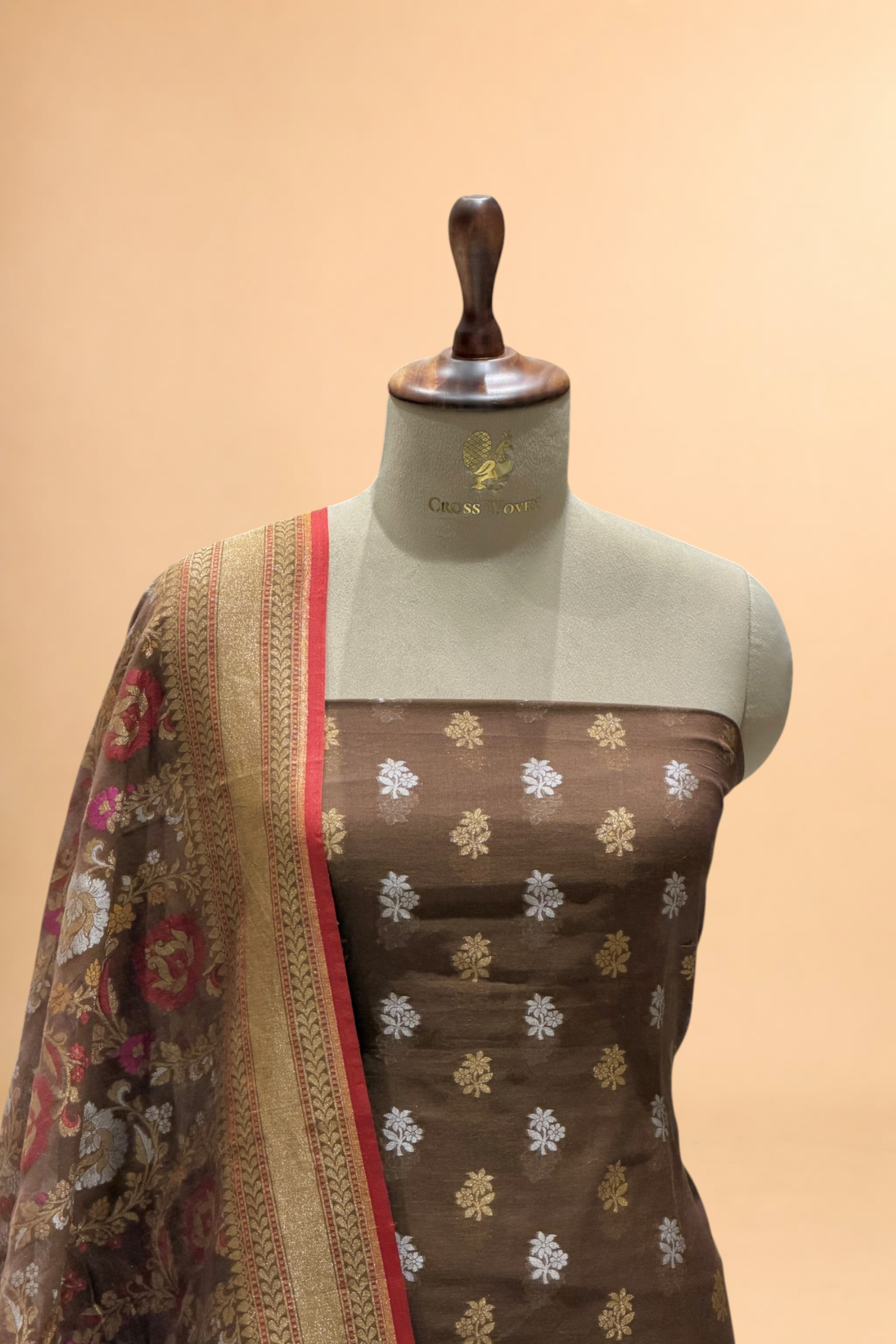 Mocha Brown Pure Cotton Iktara Jamdani Suit Set