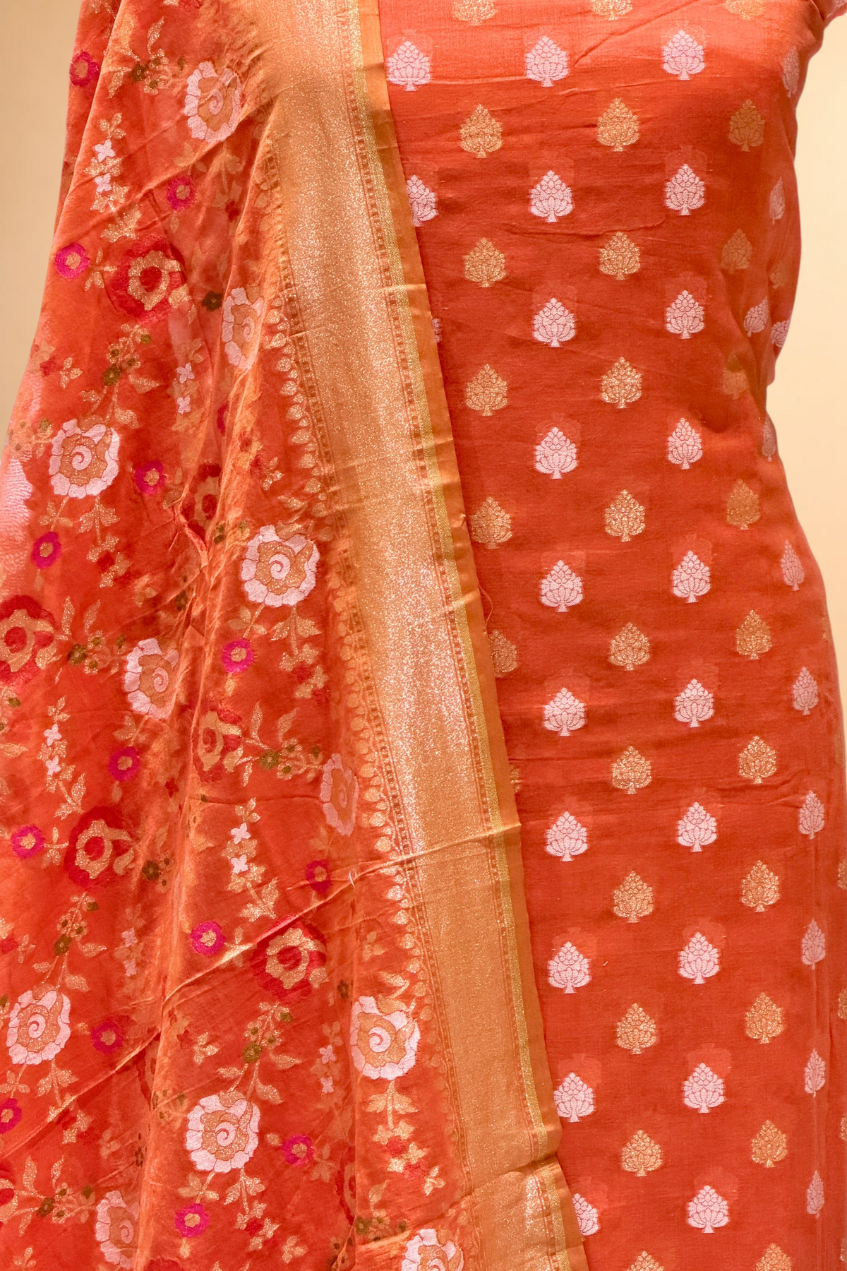 Orange Pure Cotton Iktara Jamdani Suit Set