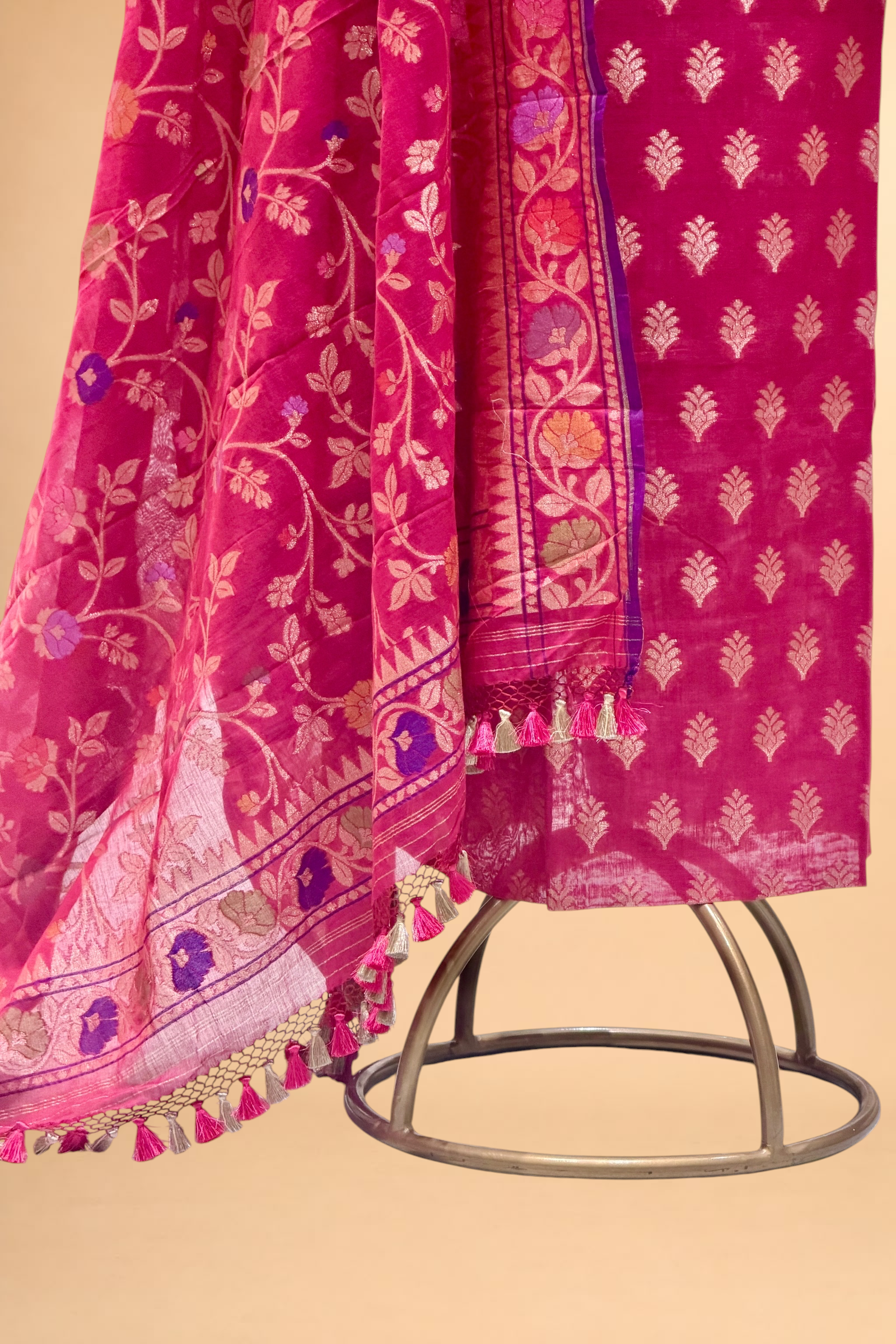 Magenta Pink Pure Cotton Iktara Jamdani Suit Set
