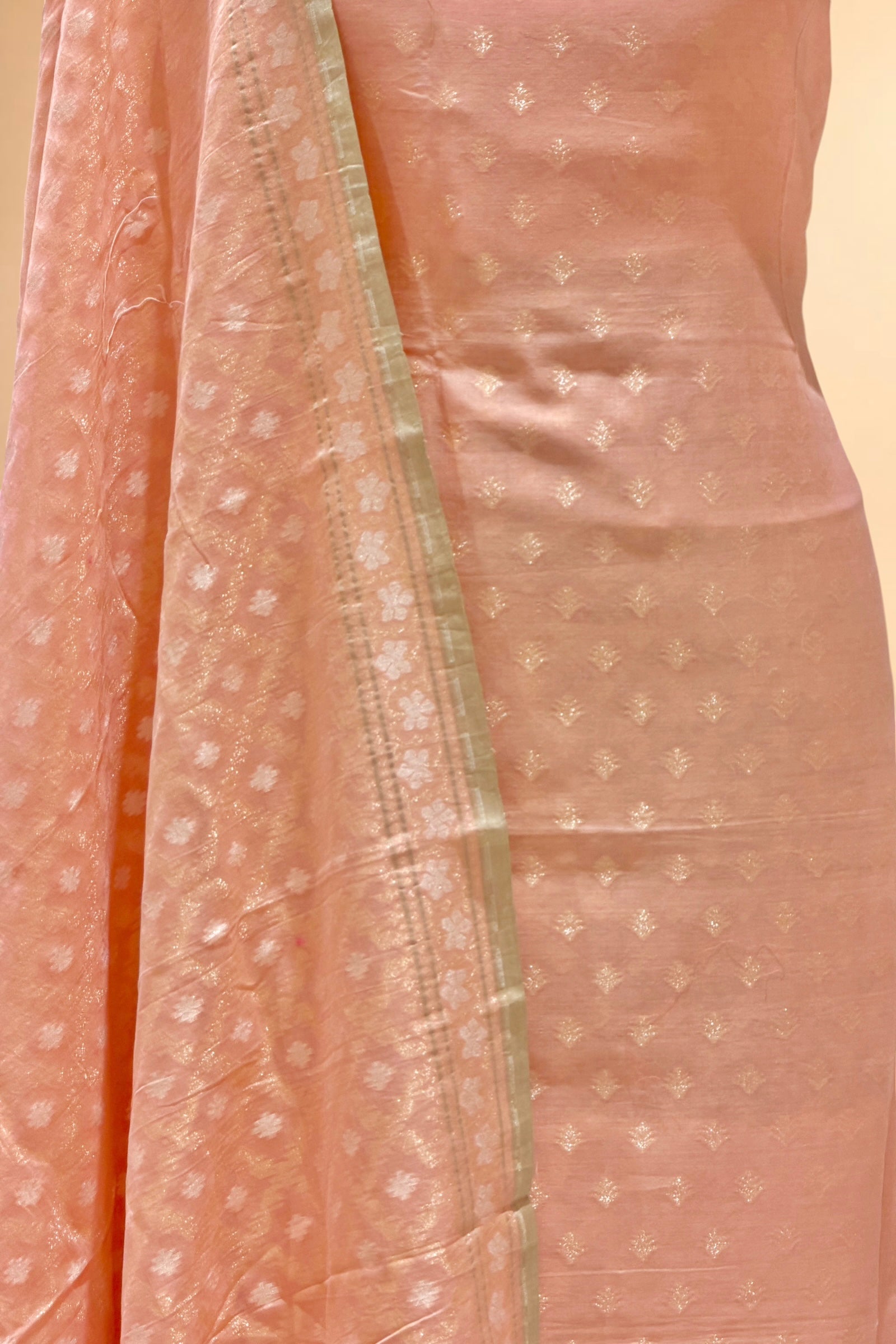 Peach Pink Pure Cotton Iktara Jamdani Suit Set