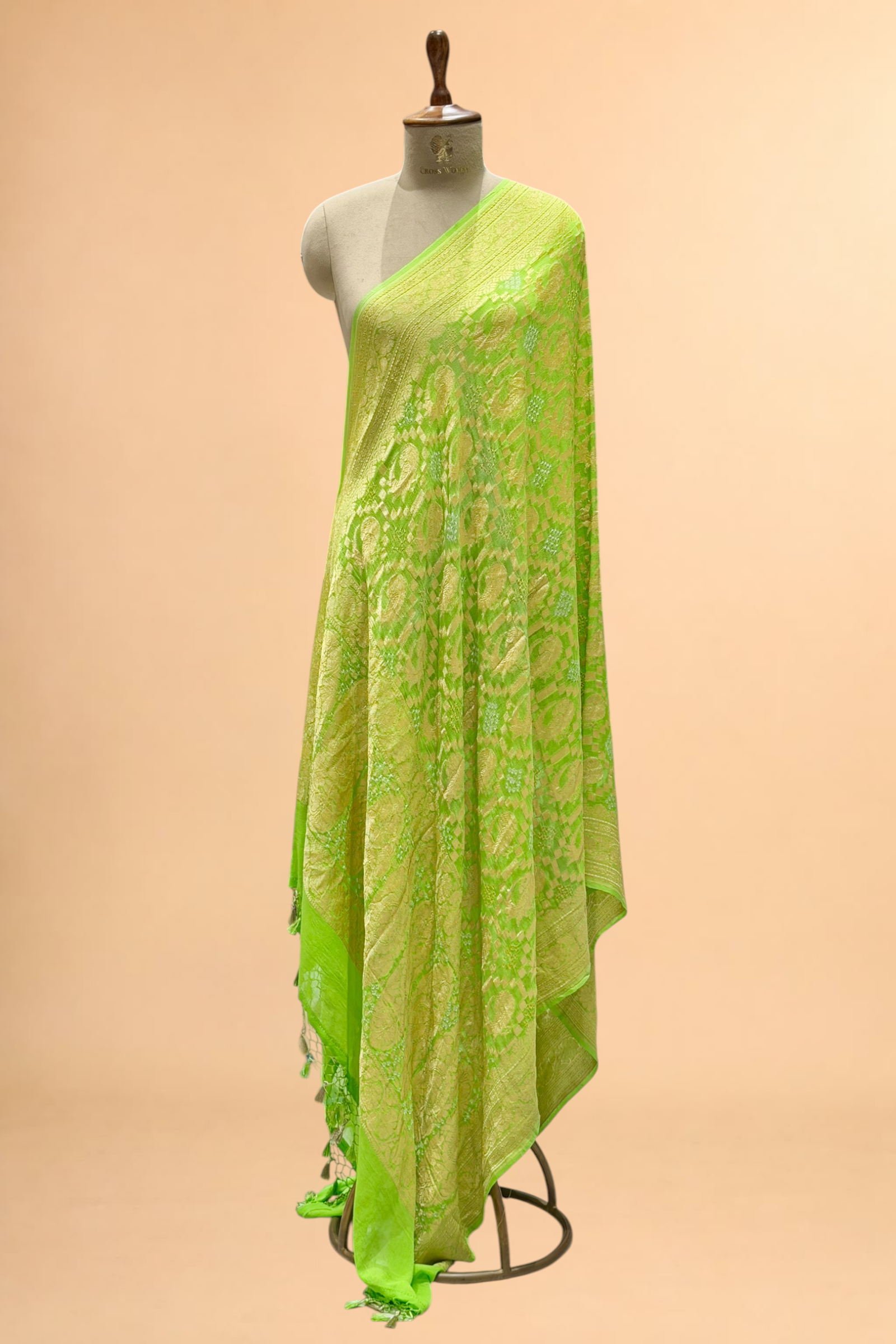 Parrot Green Georgette Khaddi Banarasi Handloom Dupatta