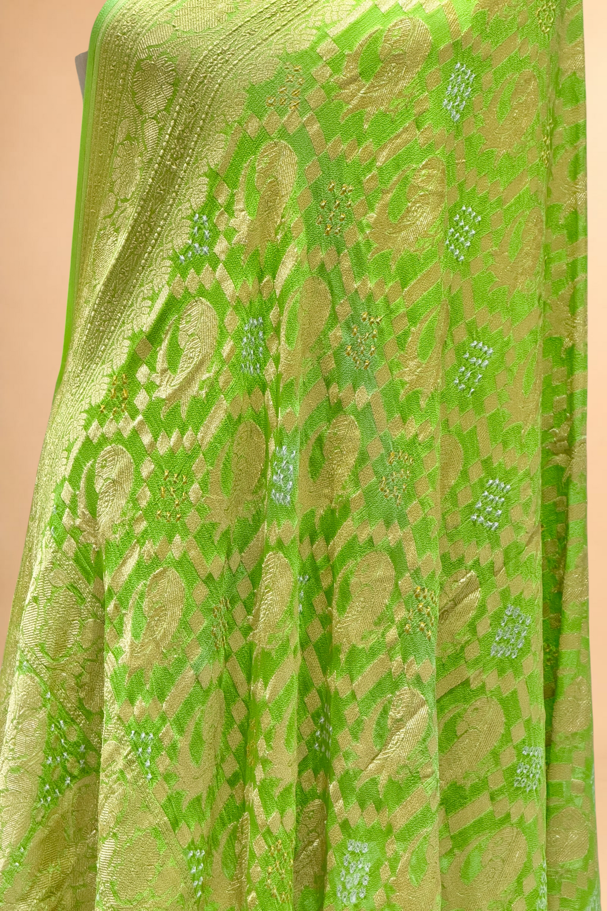Parrot Green Georgette Khaddi Banarasi Handloom Dupatta
