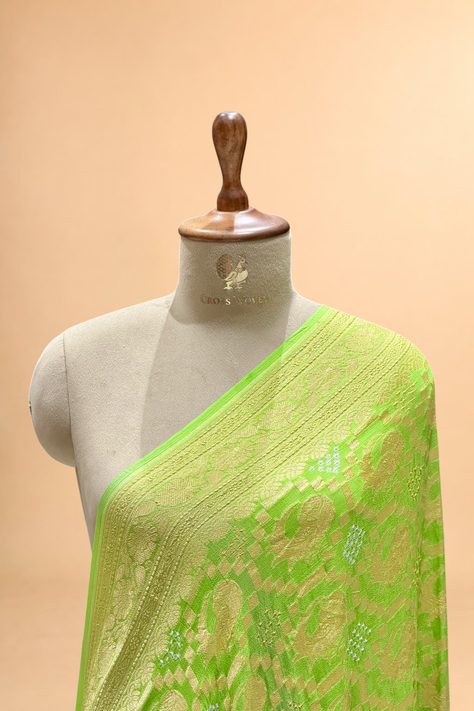 Parrot Green Georgette Khaddi Banarasi Handloom Dupatta