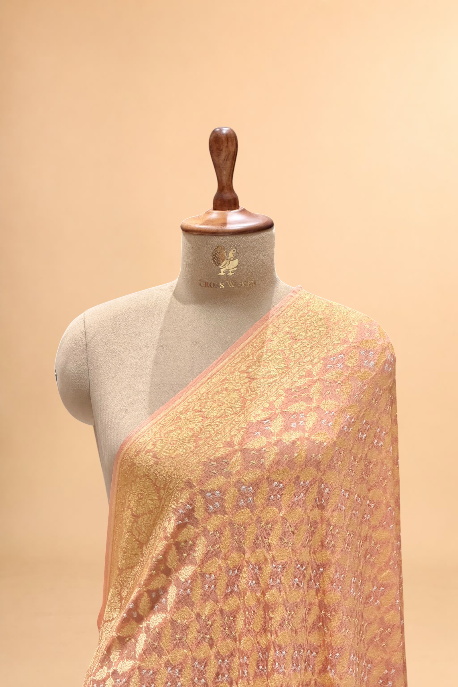 Peach Pink Georgette Khaddi Banarasi Handloom Dupatta