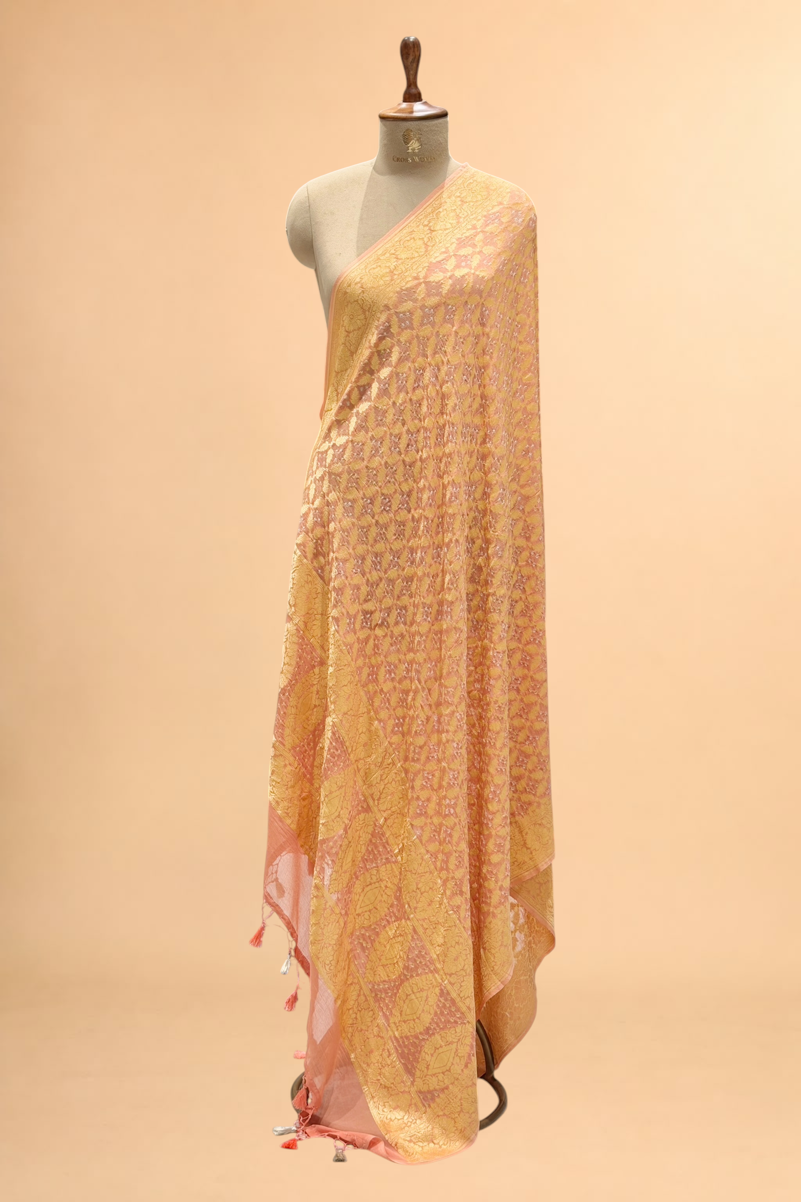 Peach Pink Georgette Khaddi Banarasi Handloom Dupatta