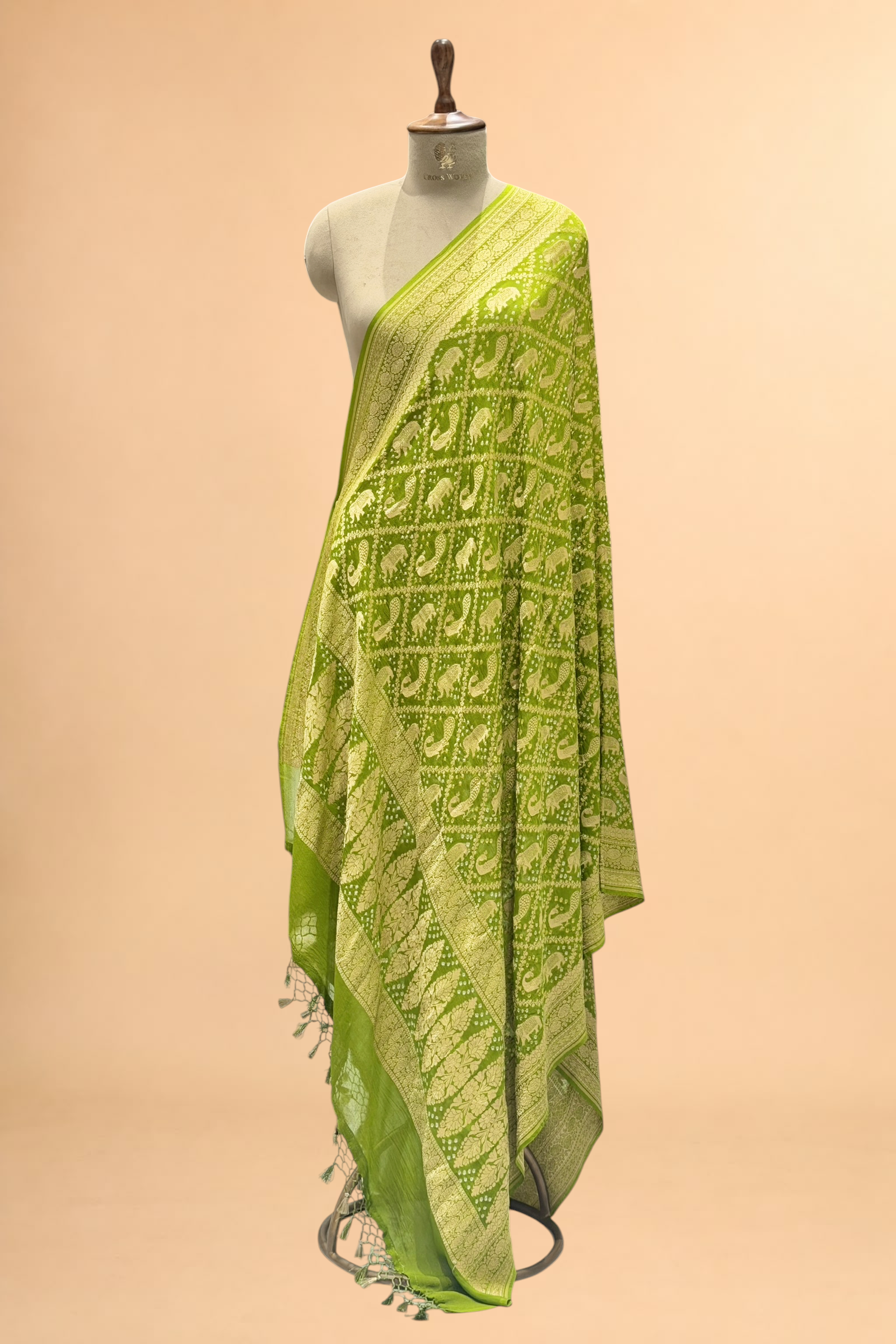 Olive Green Georgette Khaddi Banarasi Handloom Dupatta