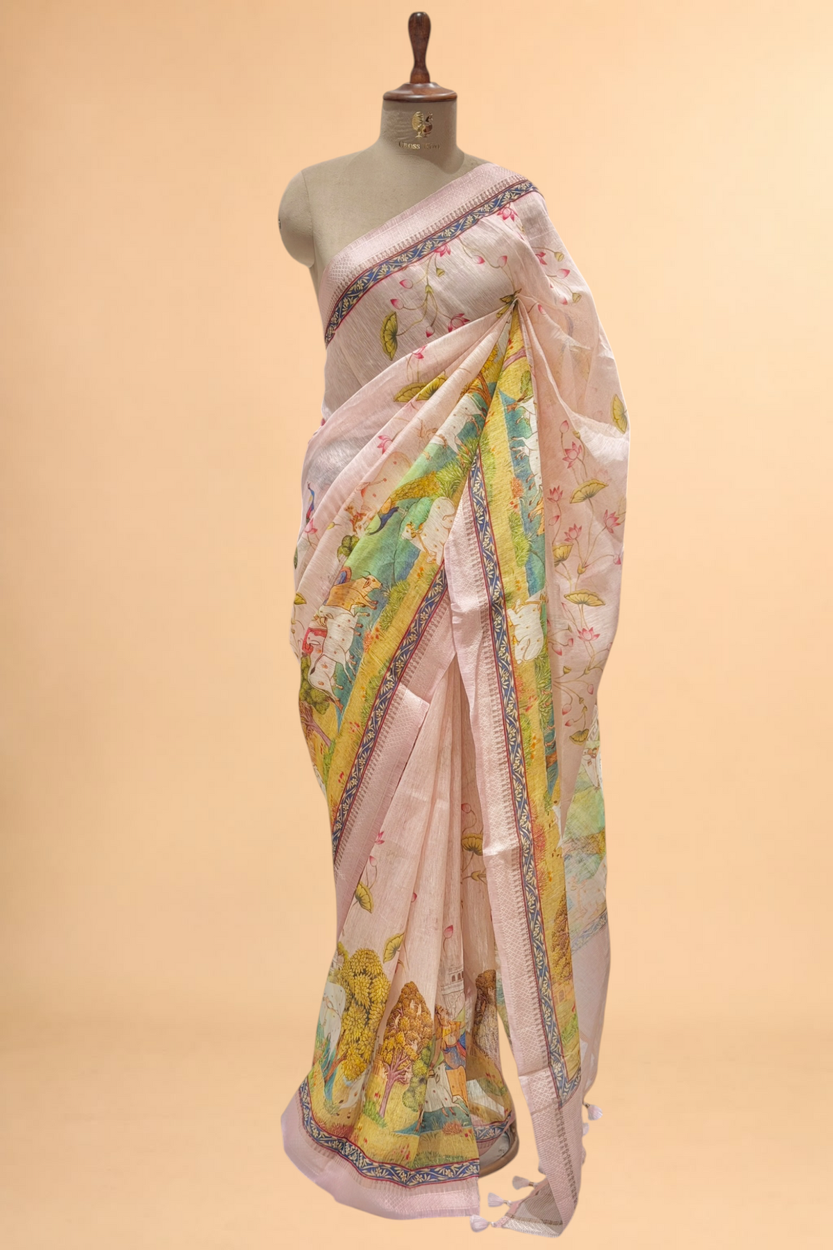 Pastel Pink Pure Linen Pichwai Printed Silk Saree