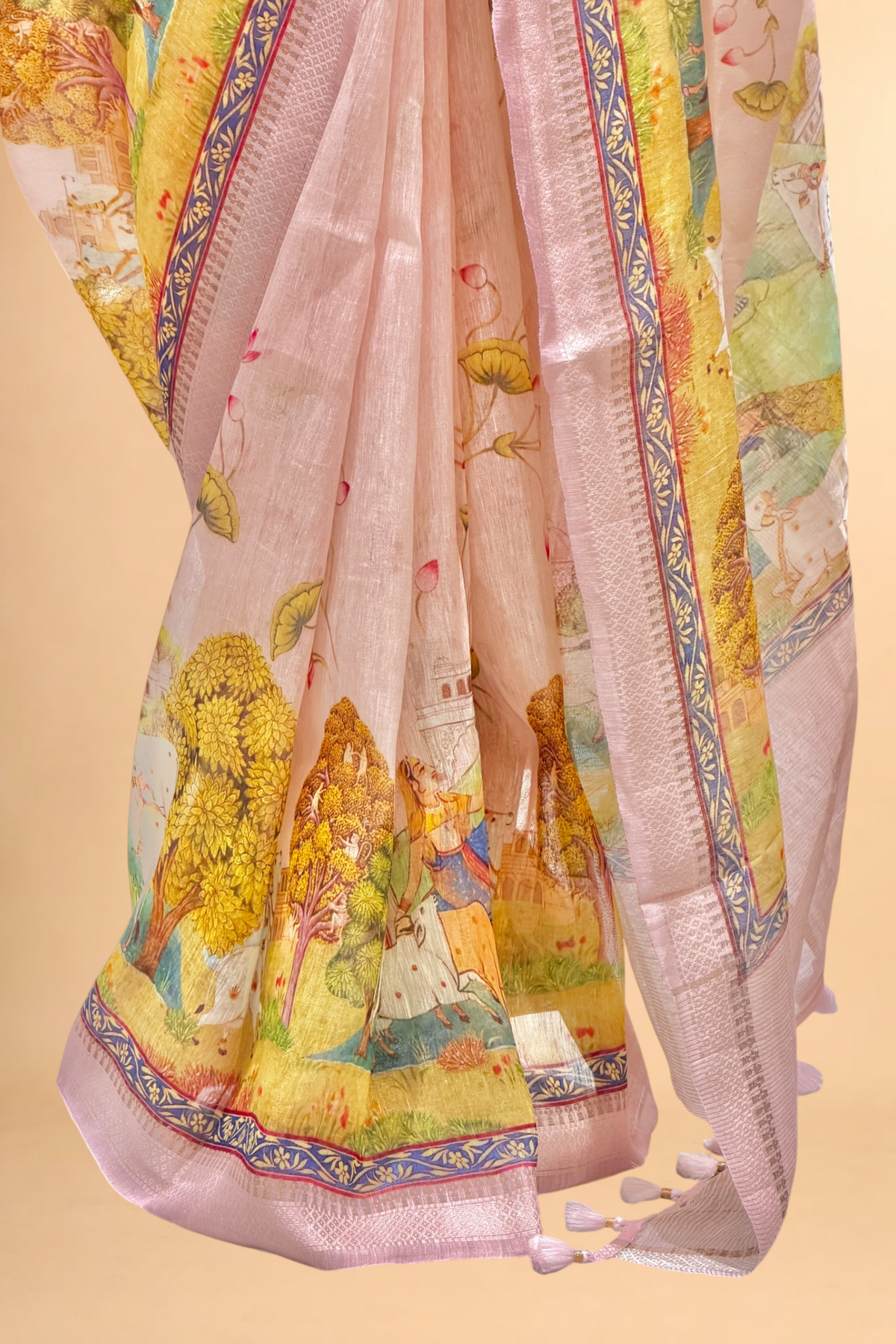 Pastel Pink Pure Linen Pichwai Printed Silk Saree