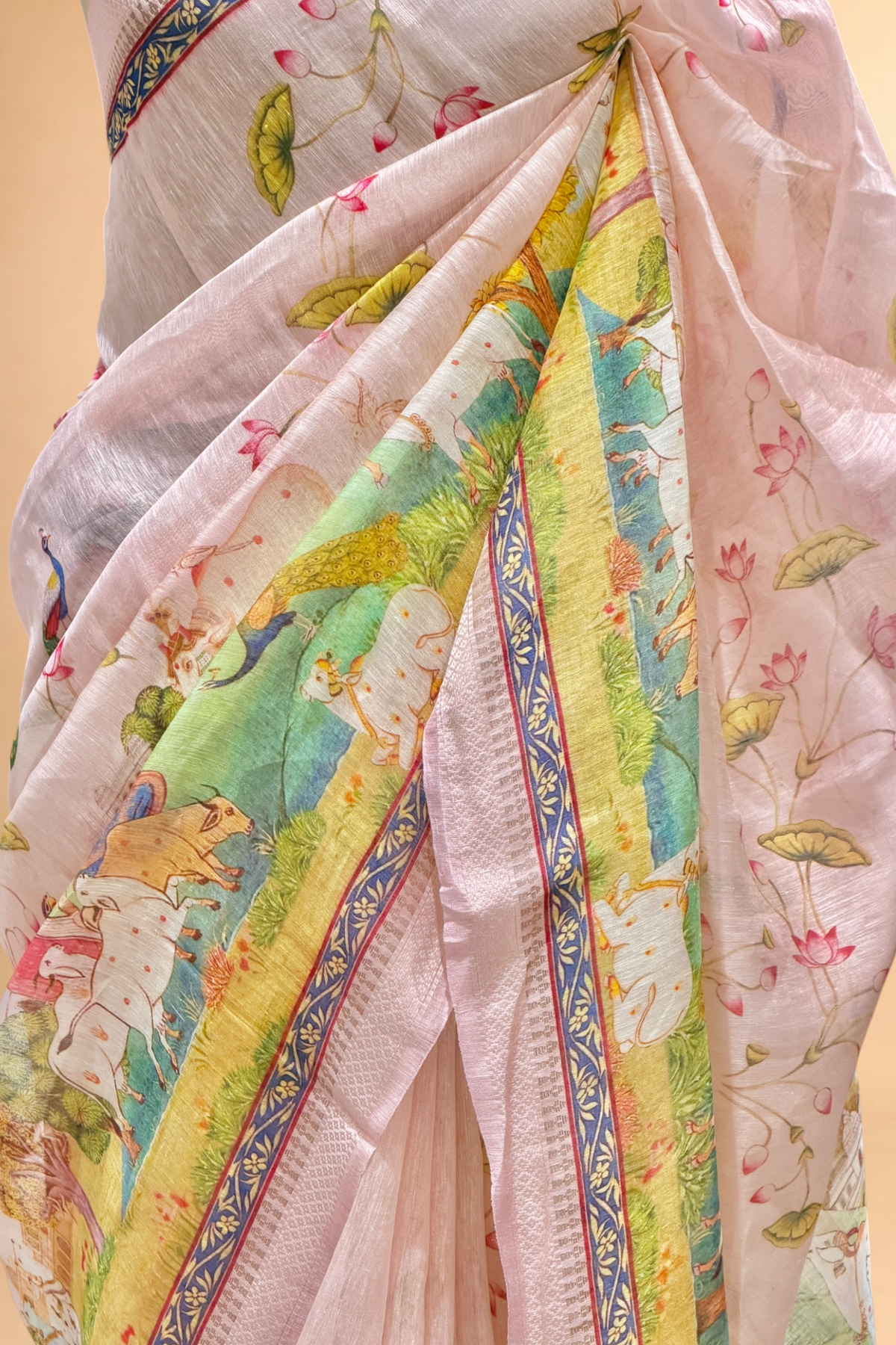 Pastel Pink Pure Linen Pichwai Printed Silk Saree
