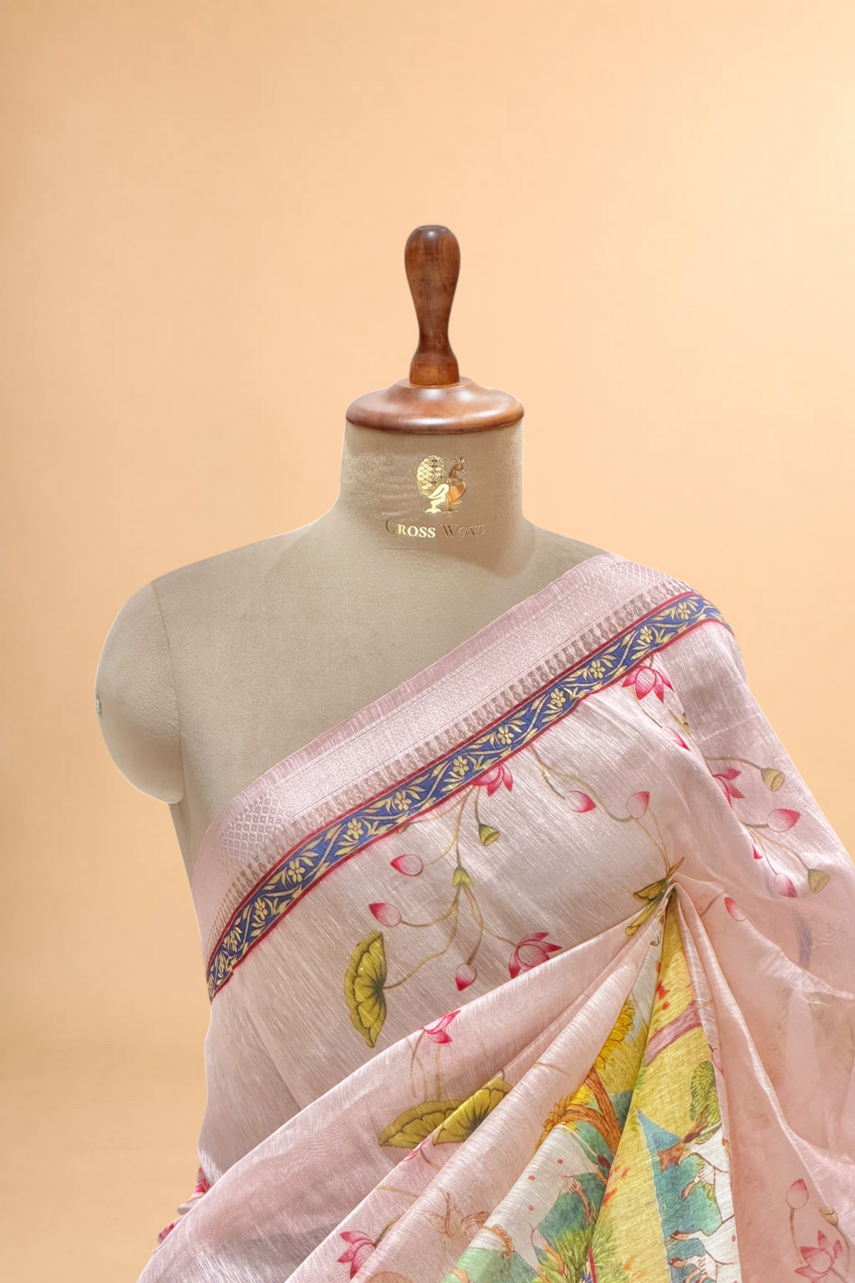 Pastel Pink Pure Linen Pichwai Printed Silk Saree